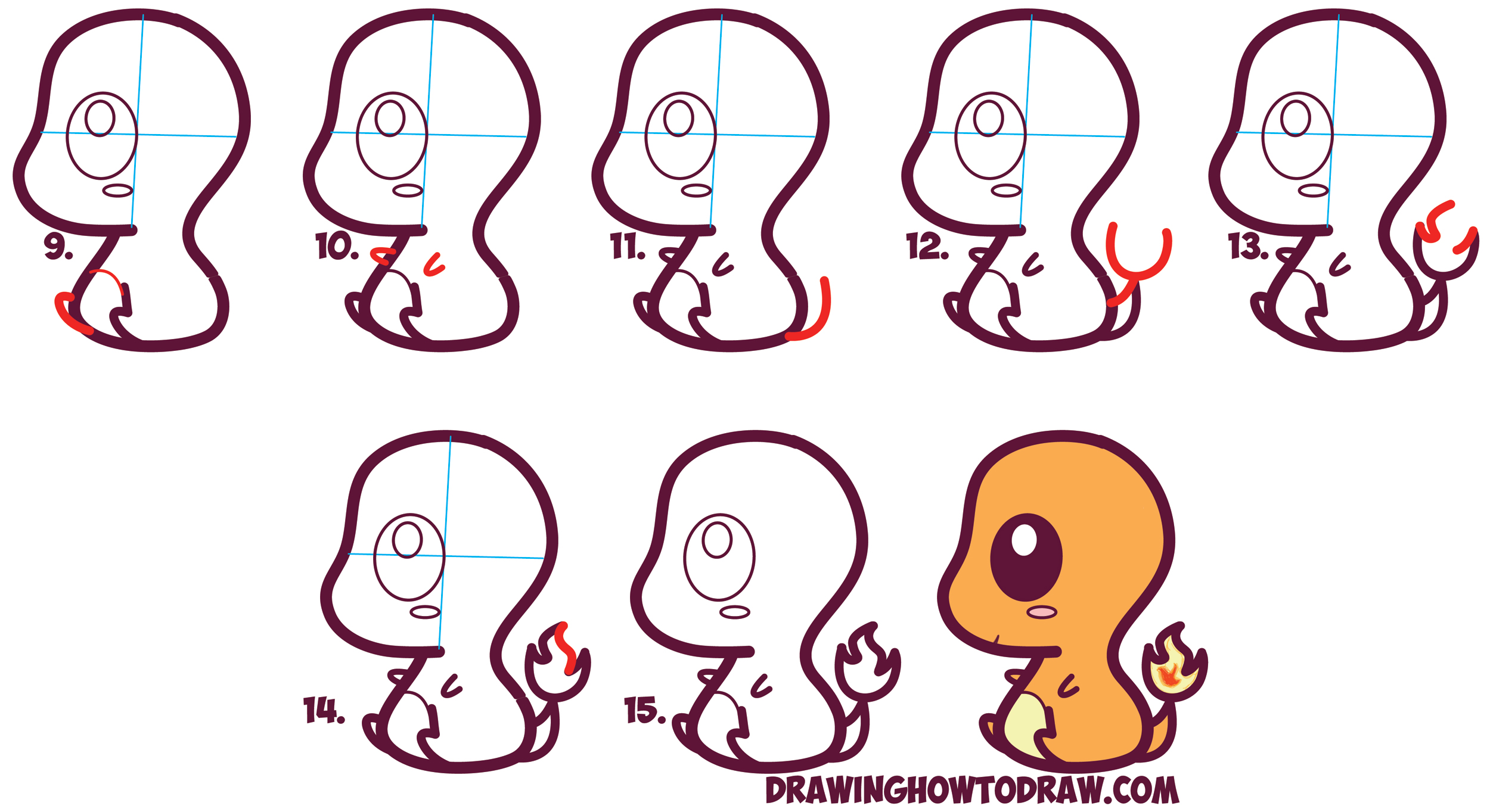 Learn How to Draw Cute / Kawaii / Chibi Charmander from Pokemon in Simple Steps Drawing Lesson for Kids and Beginners