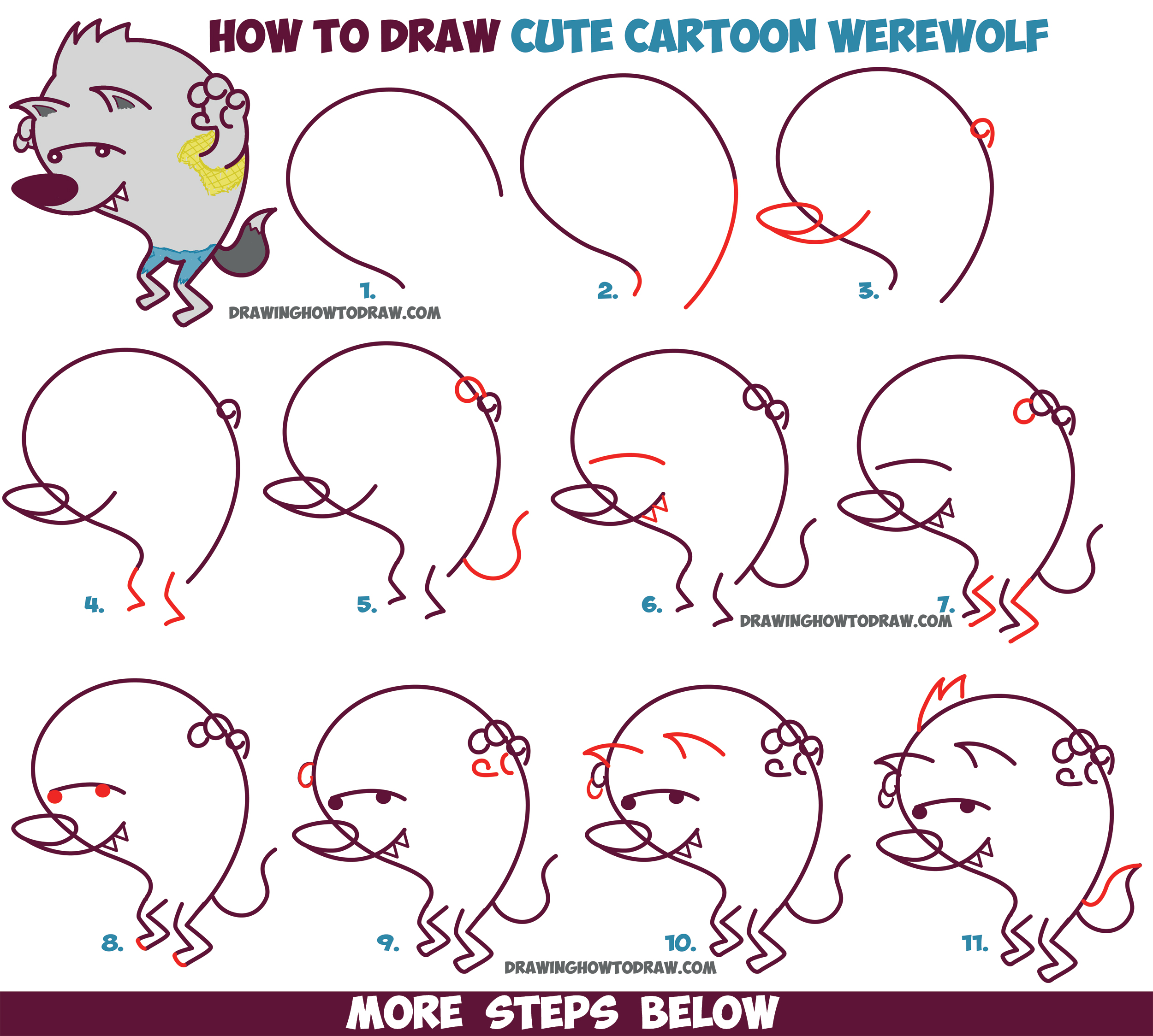 How to Draw a Cute Cartoon Werewolf for Halloween (Kawaii / Chibi) - Easy Step by Step Drawing Tutorial for Kids