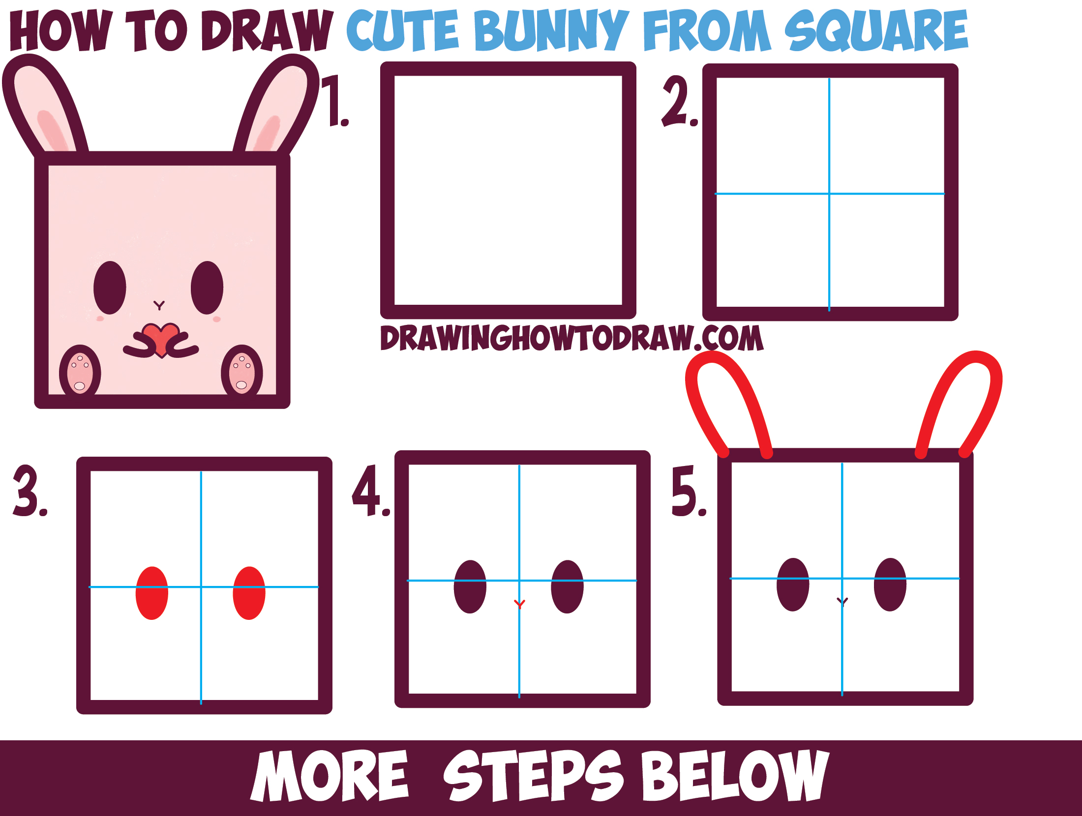 How to Draw Cute / Kawaii / Cartoon Baby Bunny Rabbit from Squares with Easy Step by Step Drawing Tutorial for Kids