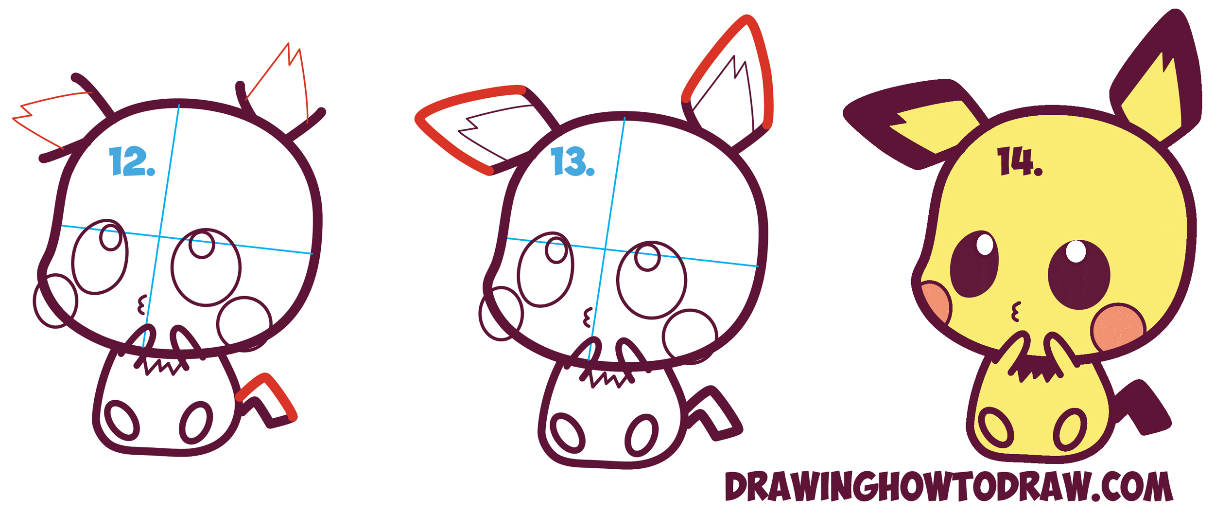 Learn How to Draw Cute / Kawaii / Chibi Pichu from Pokemon in Simple Steps Drawing Lesson for Kids and Beginners