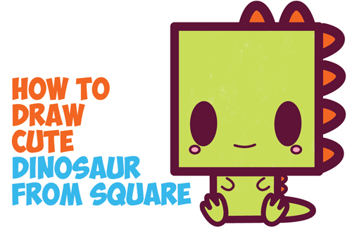 How to Draw Cute / Kawaii / Cartoon Baby Dinosaur from Squares with Easy Step by Step Drawing Tutorial for Kids