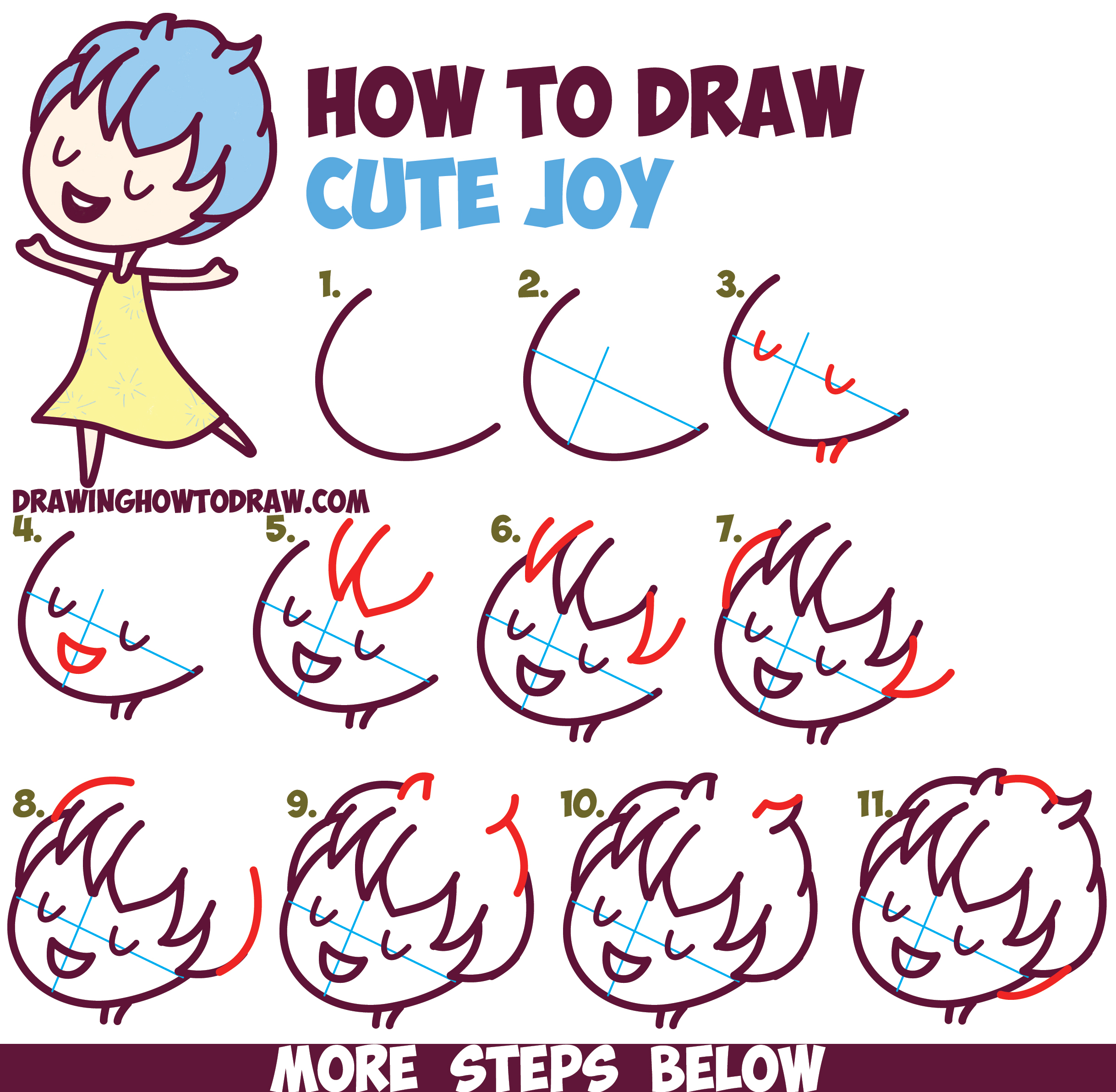 How to Draw Cute Kawaii / Chibi Joy from Inside Out - Easy Step by Step Drawing Tutorial for Kids