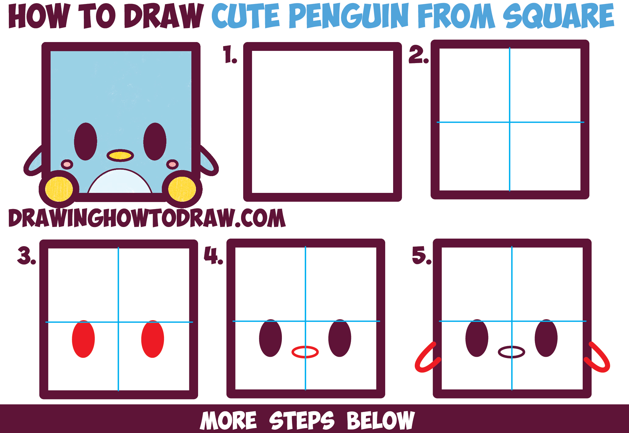 How to Draw Cute / Kawaii / Cartoon Baby Penguin from Squares with Easy Step by Step Drawing Tutorial for Kids
