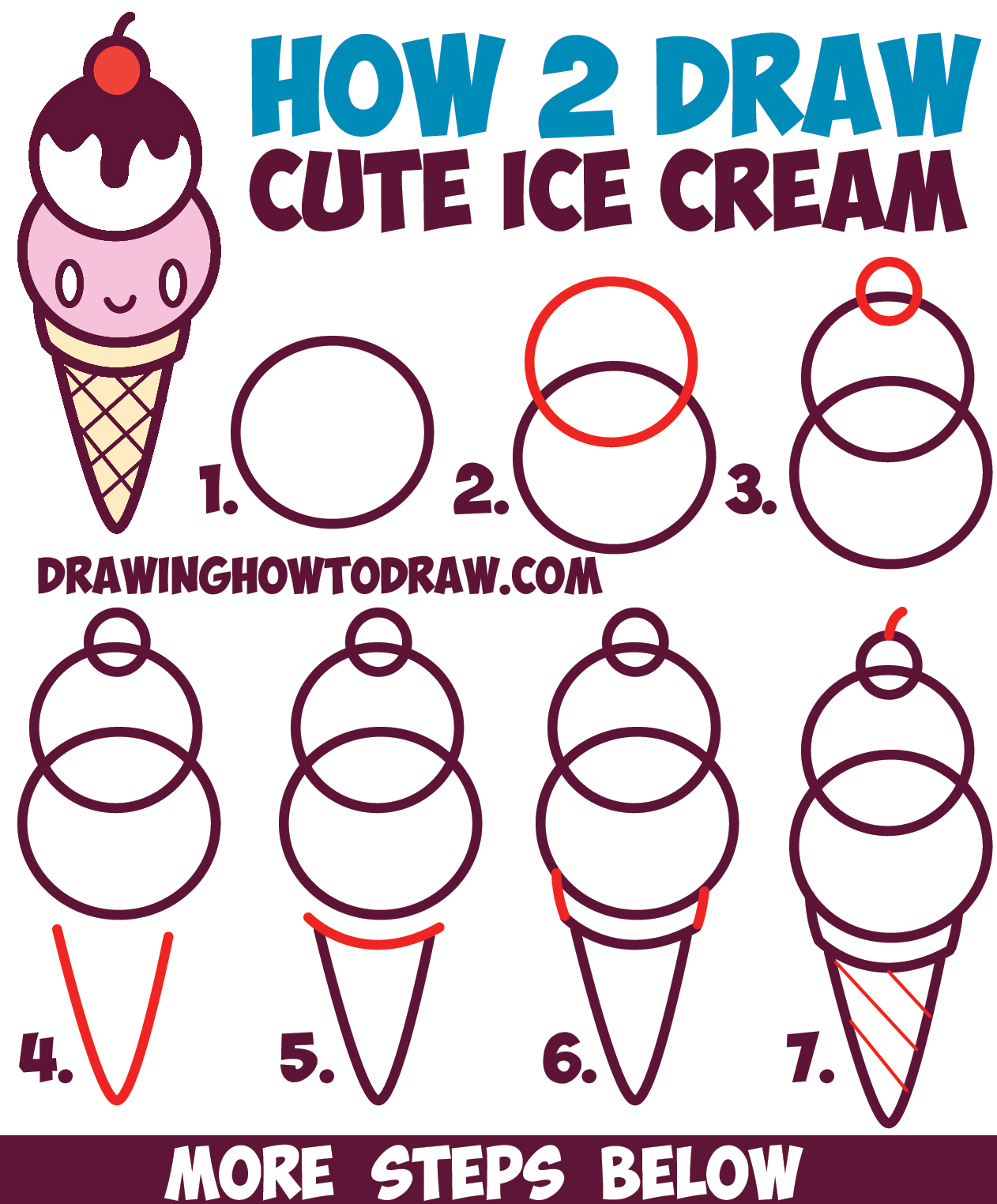 How To Draw Cute Kawaii Ice Cream Cone With Face On It Easy Step