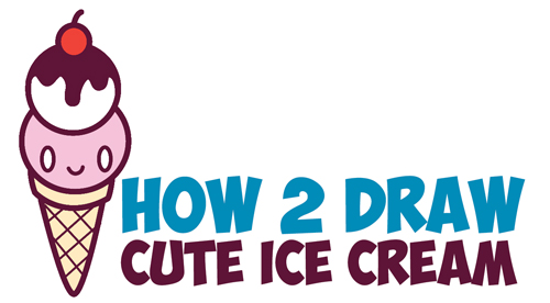 How to Draw Cute Kawaii Ice Cream Cone with Face on It - Easy Step by Step Drawing Tutorial for Kids