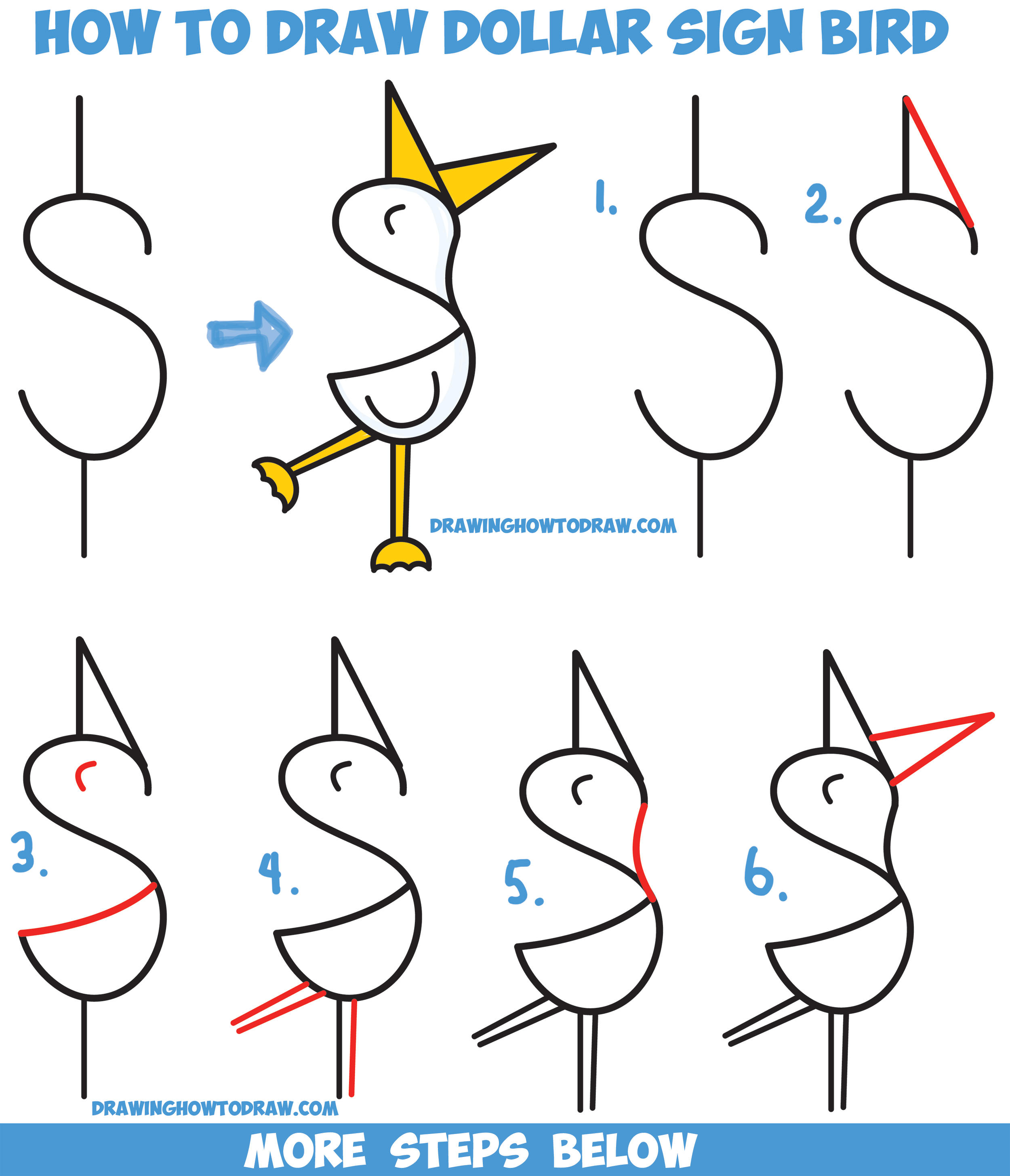 How to Draw a Cute Cartoon Bird / Duck from a Dollar Sign - Easy Step by Step Drawing Tutorial for Kids