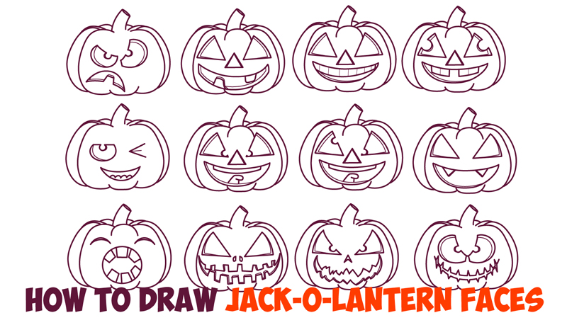 Huge Guide to Drawing Cartoon Pumpkin Faces / Jack O'Lantern Faces & Expressions & Emotions Easy Step by Step Drawing Tutorial for Kids