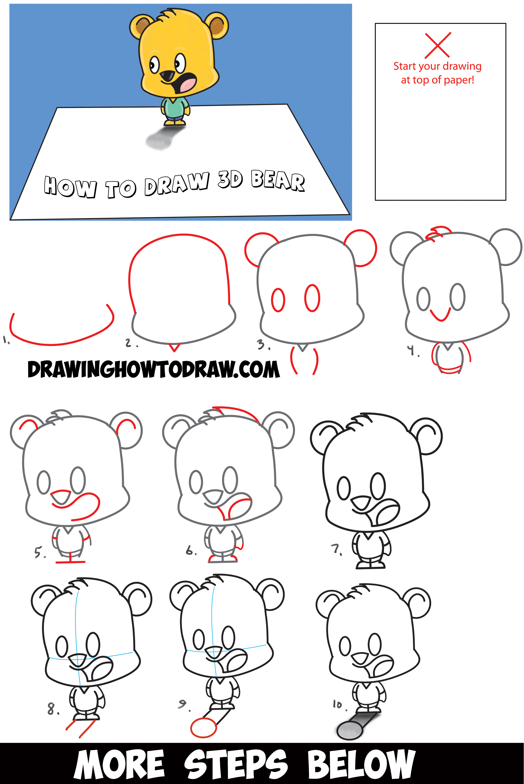 How To Draw 3d Cartoon Bear Standing On Top Of Piece Of Paper Optical Illusion Easy Step By Step Drawing Tutorial For Kids And Beginners How To Draw Step By