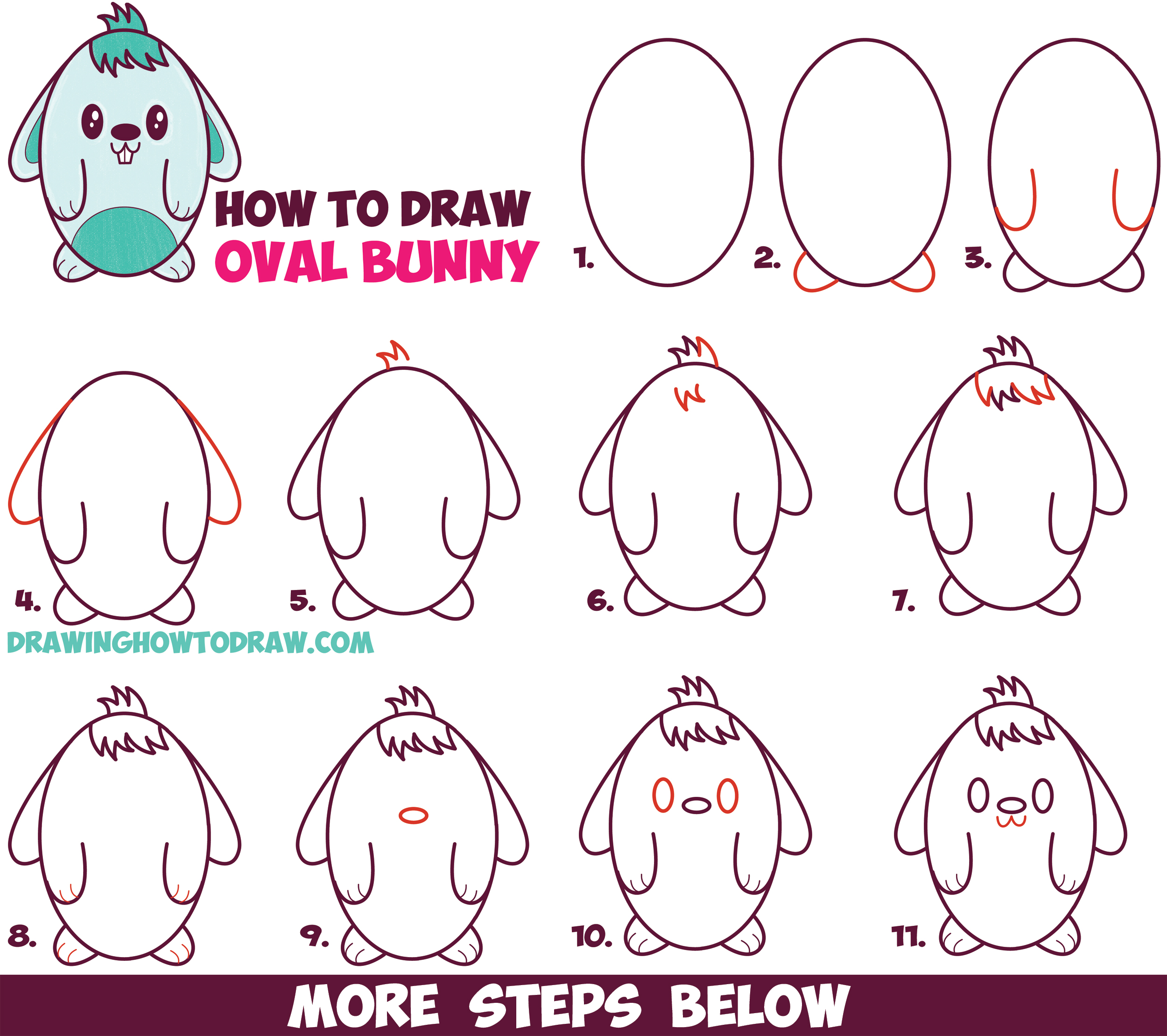 How to Draw a Cute Cartoon Bunny Rabbit from an Oval - Easy Step by ...