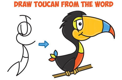 How to Draw Cartoon Toucans from the Word - Easy Step by Step Drawing Tutorial for Kids (Word Toons / Cartoons)