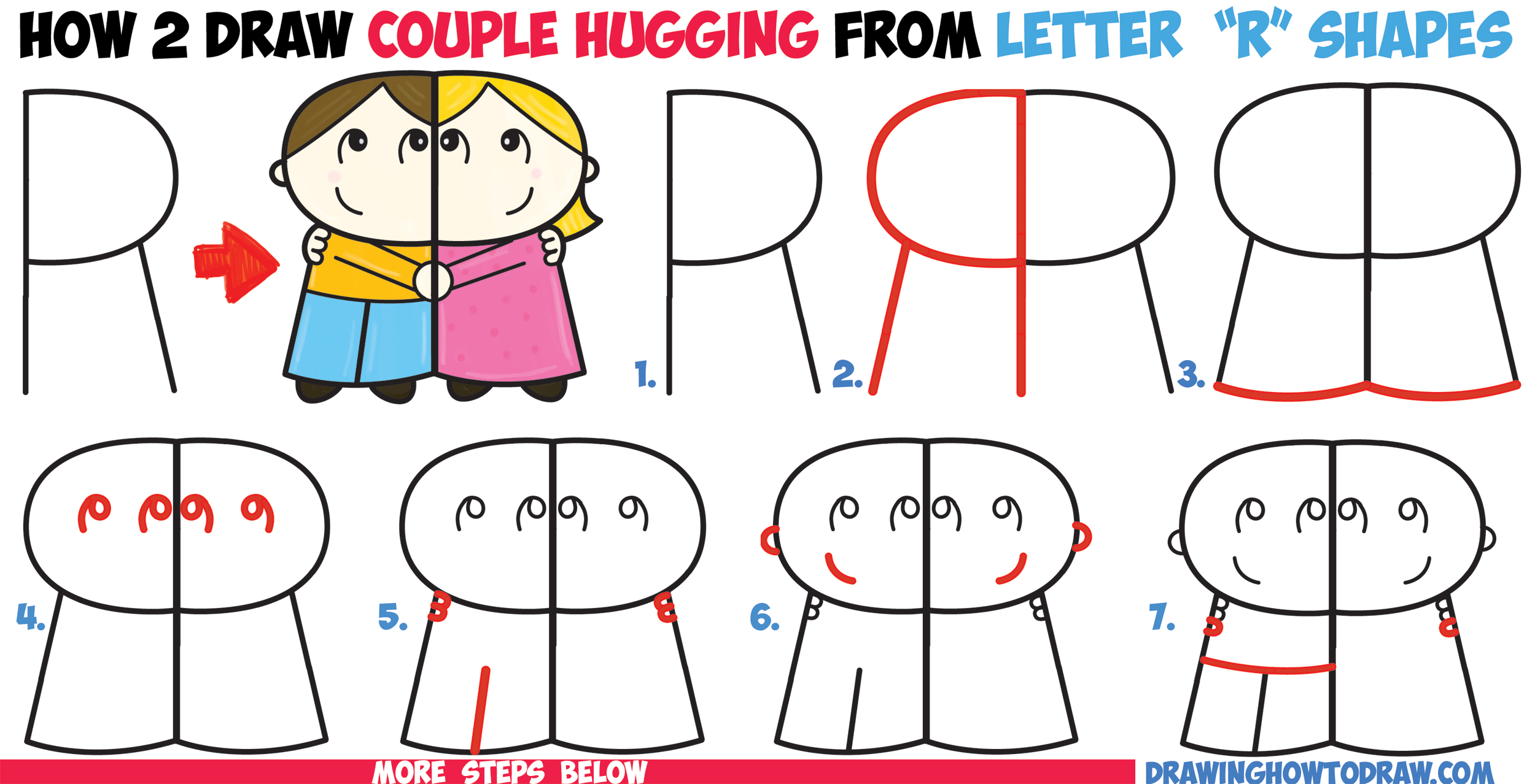 How to Draw Cartoon Couple (Girl and Boy) Hugging from Letter "R" Shapes Easy Step by Step Drawing Tutorial for Kids