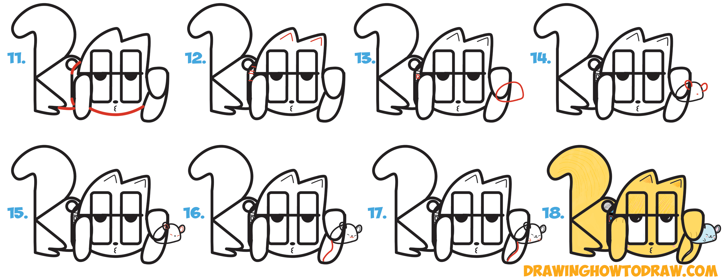 How To Draw A Cartoon Kitty Cat And Mouse From The Word Kitty Easy Step By Step Drawing Tutorial For Kids How To Draw Step By Step Drawing Tutorials