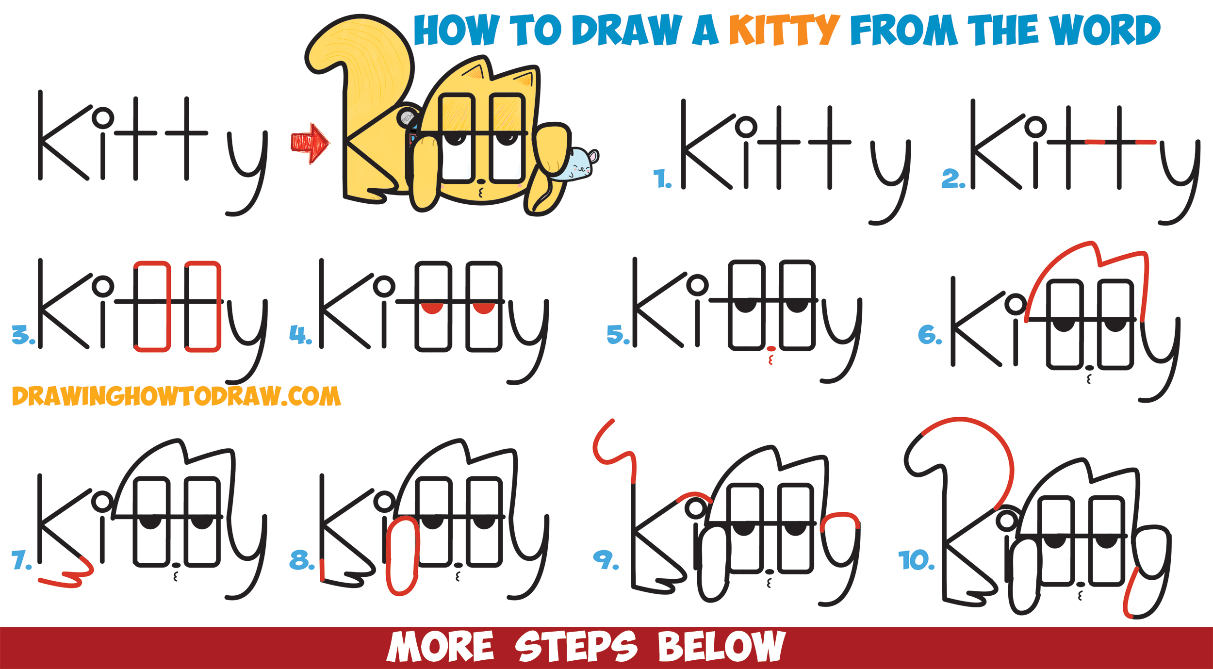 How to Draw a Cartoon Kitty Cat and Mouse from the Word "Kitty" Easy Step by Step Drawing Tutorial for Kids