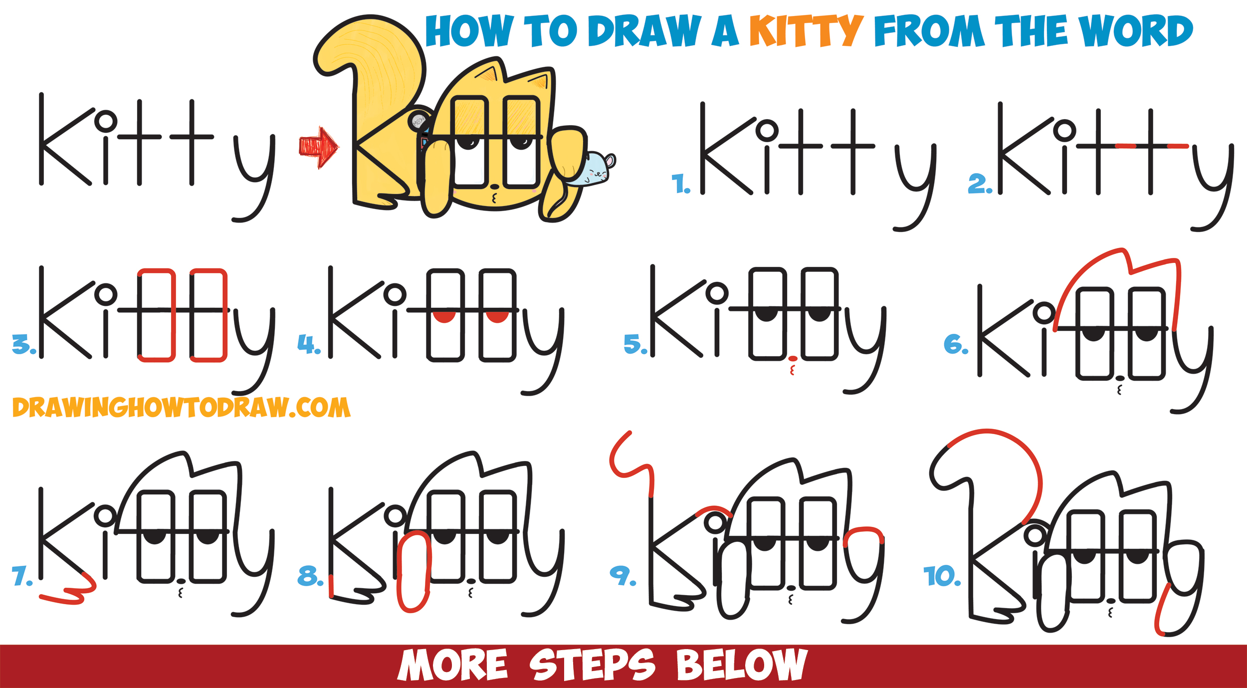 How To Draw A Cartoon Kitty Cat And Mouse From The Word Kitty Easy Step By Step Drawing Tutorial For Kids How To Draw Step By Step Drawing Tutorials