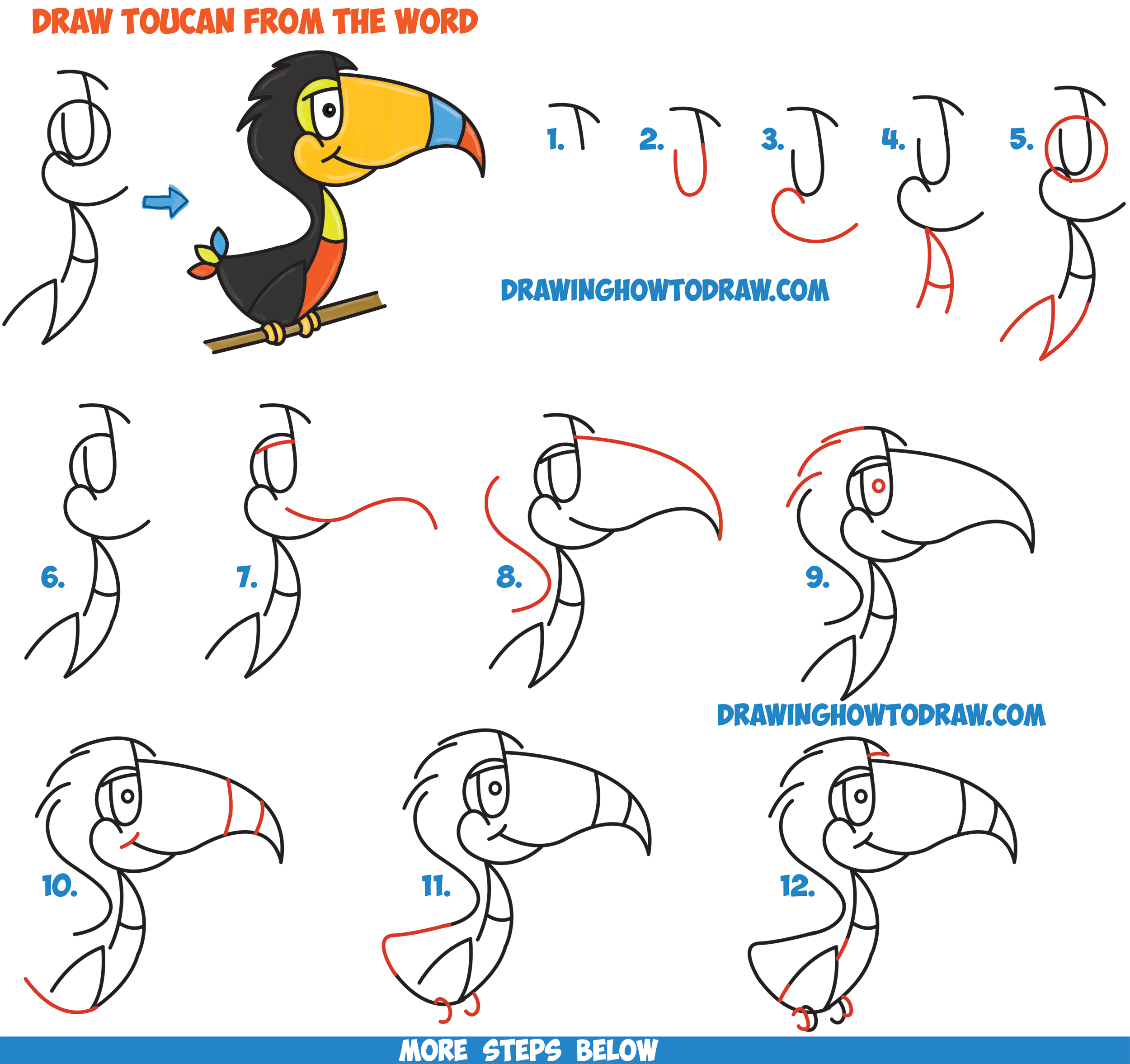 How to Draw Cartoon Toucans from the Word - Easy Step by Step Drawing Tutorial for Kids (Word Toons / Cartoons)