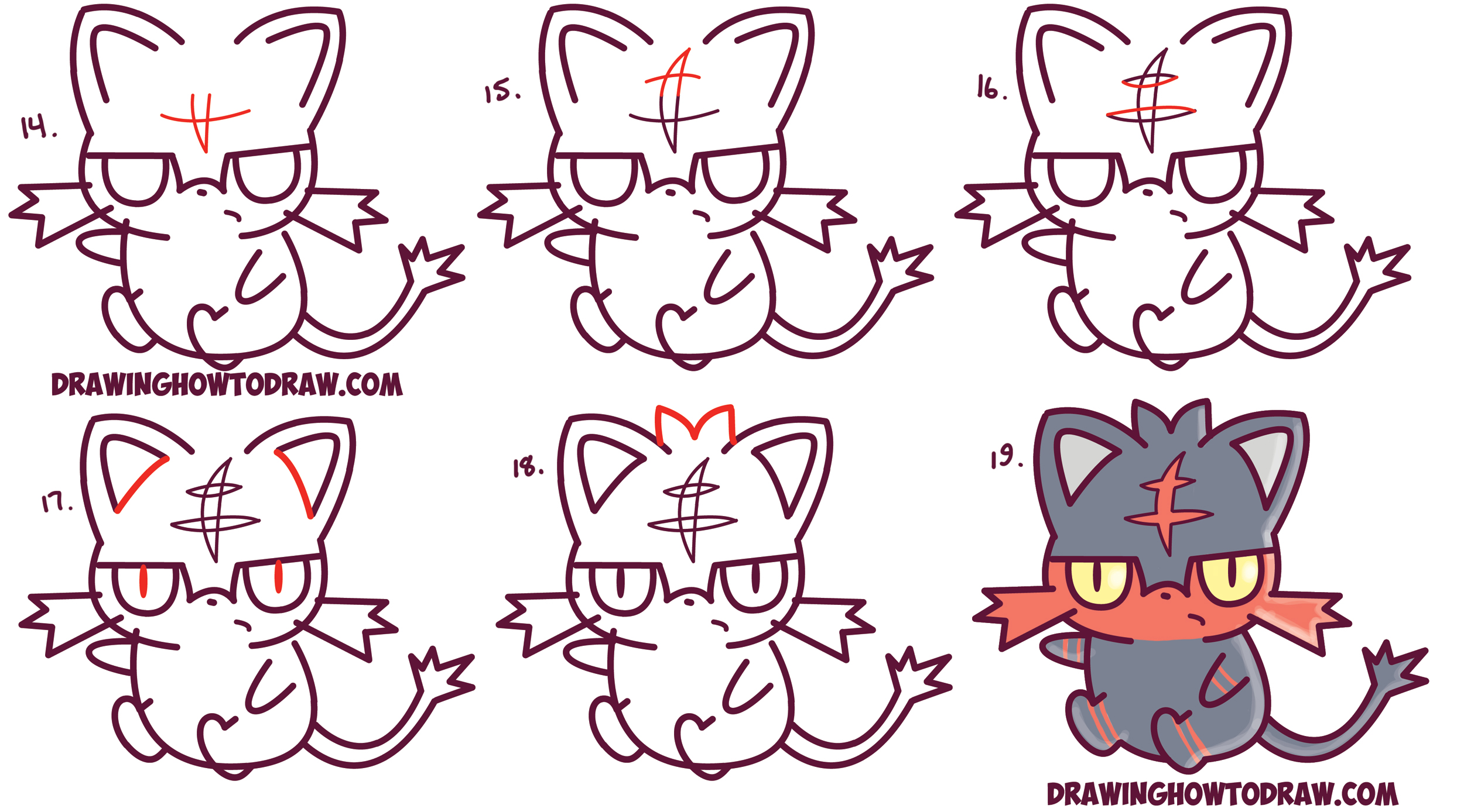 Learn How to Draw Cute / Kawaii / Chibi Litten from Pokemon Sun and Moon in Simple Steps Drawing Lesson for Kids