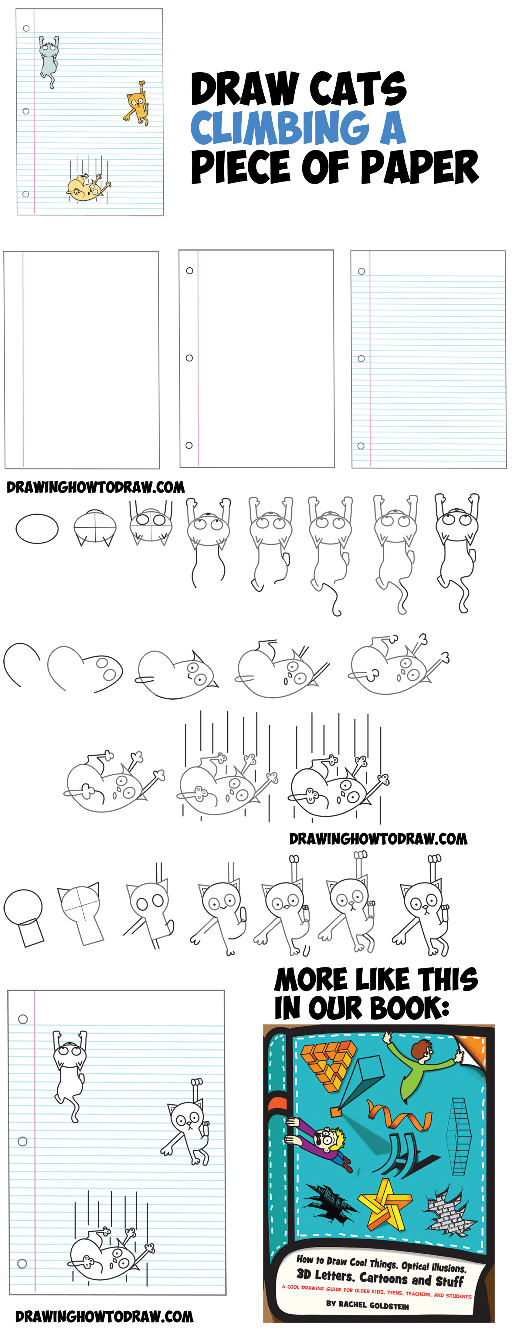How to Draw Cartoon Cats Climbing Lined Paper 3D Optical Illusion Step by Step Drawing Tutorial for Kids