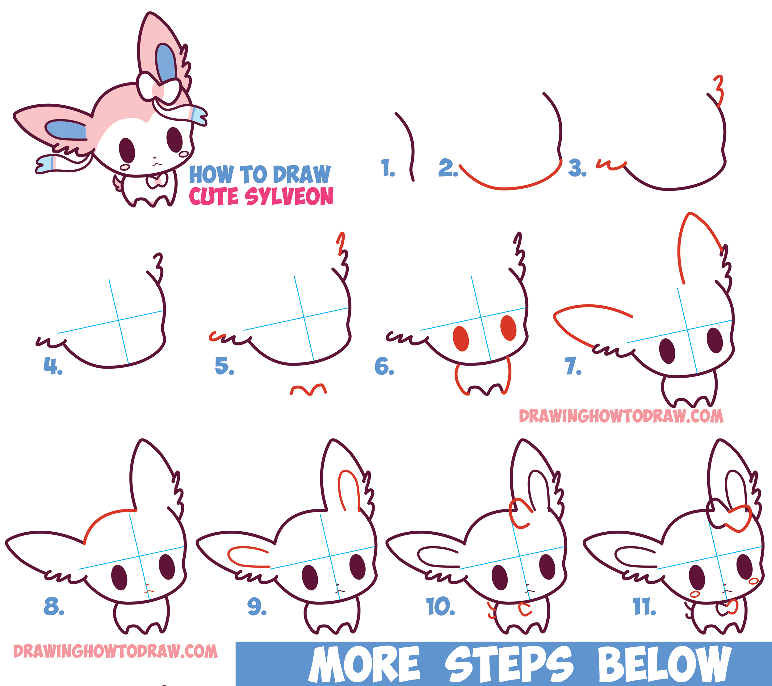 How to Draw Cute Chibi Kawaii Sylveon from Pokemon in Easy Step by Step Drawing Tutorial for Kids