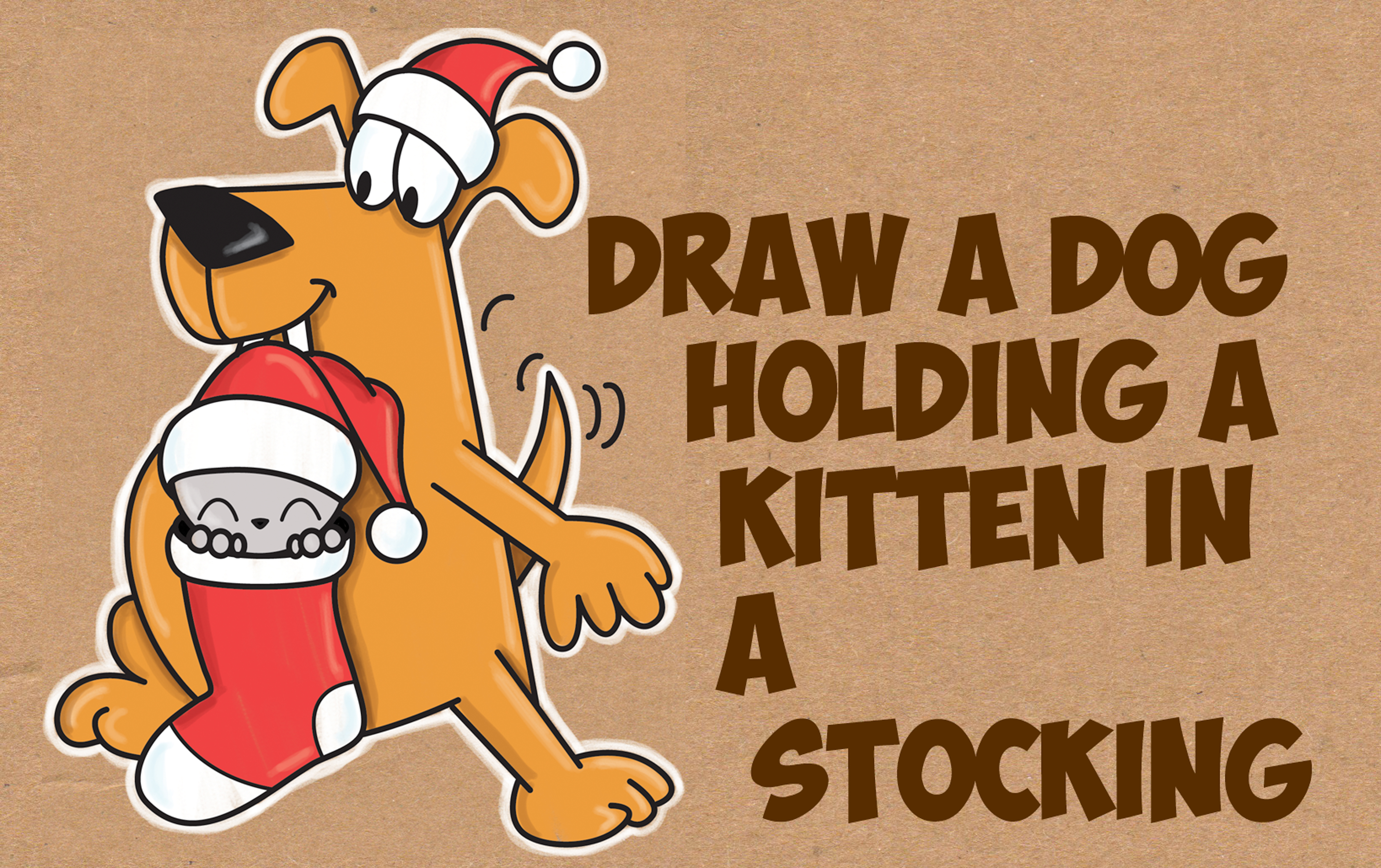 How to Draw a Cartoon Dog Holding a Cute Kawaii Kitten / Cat in a Christmas Stocking - Easy Step by Step Drawing Tutorial for Kids