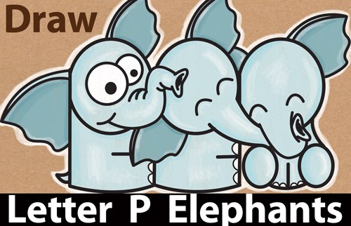 How to Draw Cute Cartoon Elephants Hugging from Letter 'P' Shapes - Easy Step by Step Drawing Tutorial for Kids