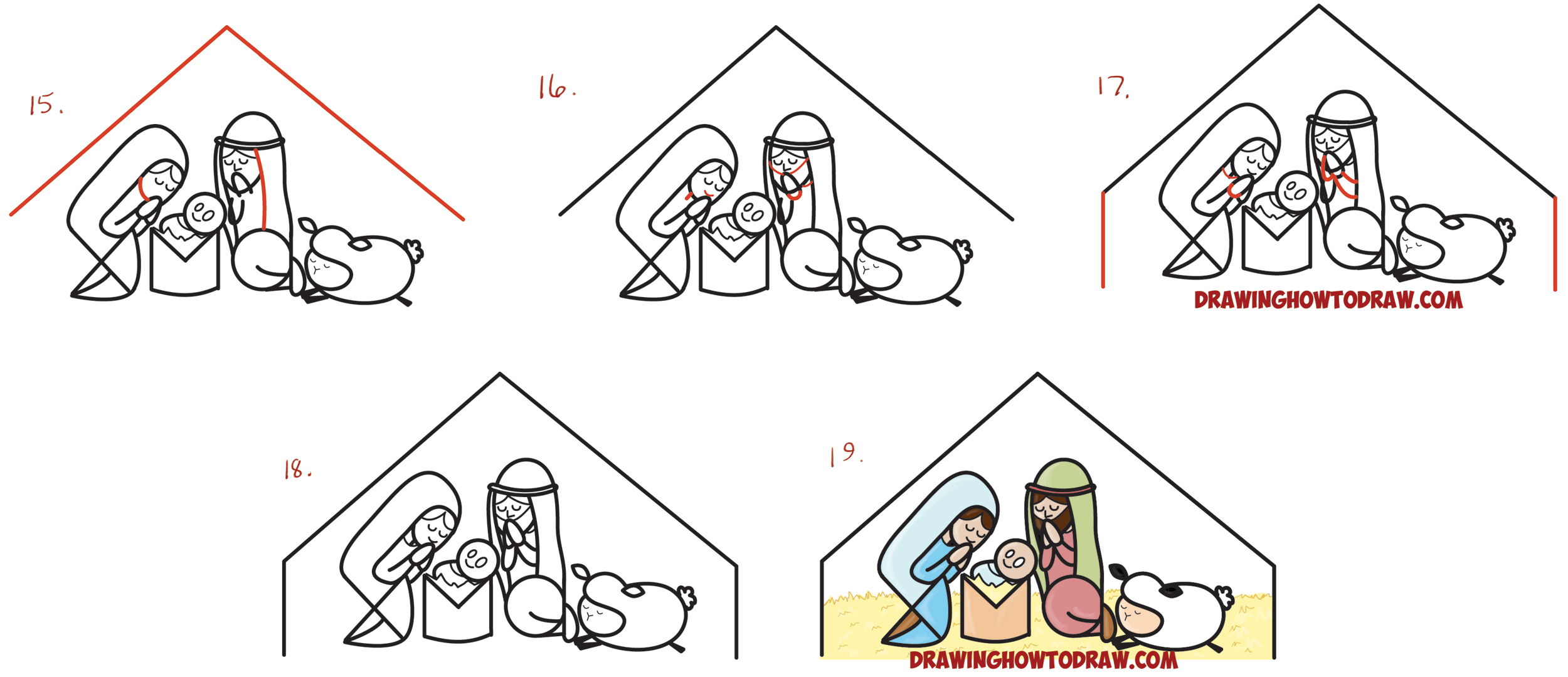 How to Draw Cartoon Nativity Scene with Mary, Jesus, and Joseph in a