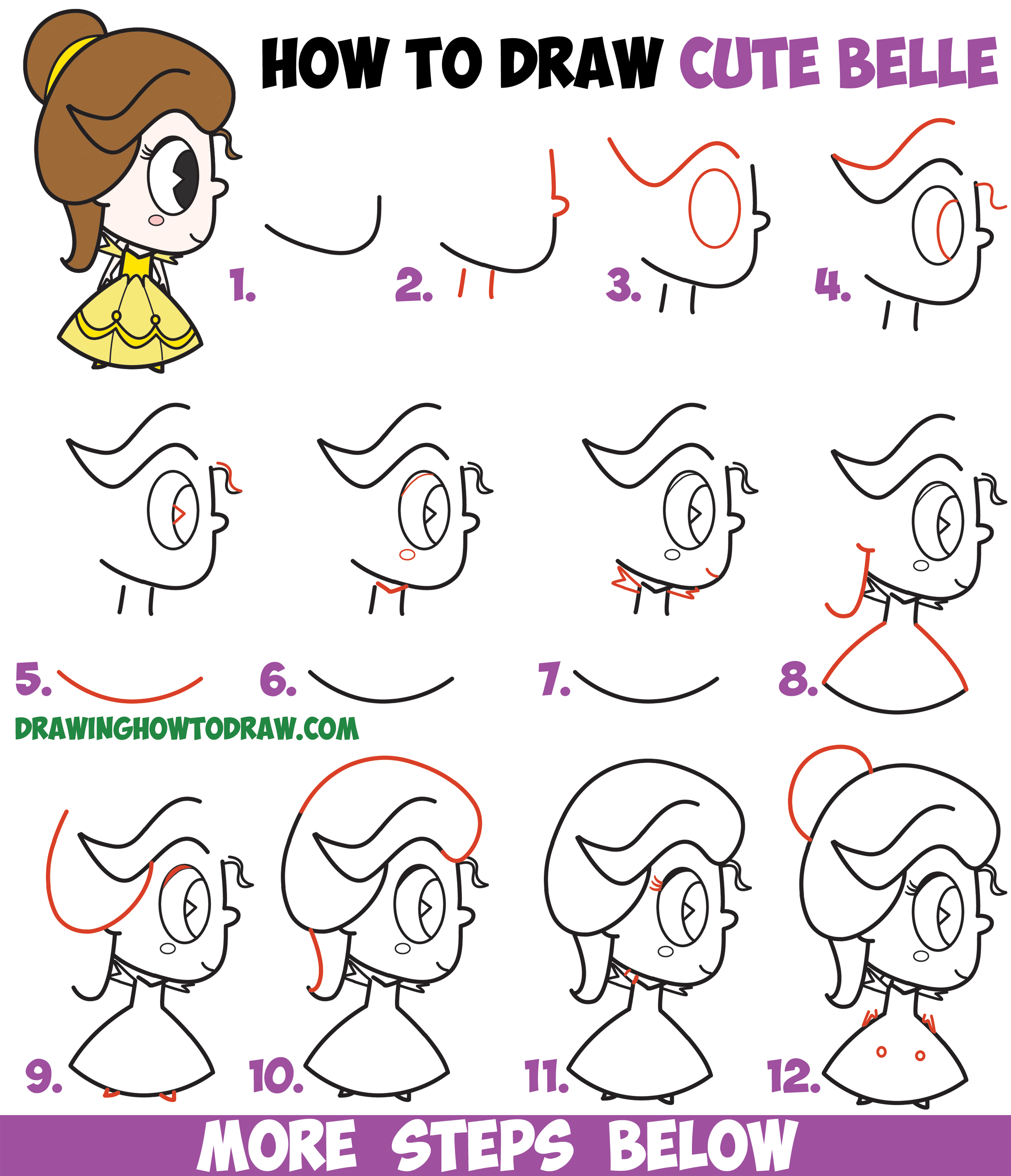 How to Draw Cute Kawaii Chibi Belle from Beauty and the Beast Easy Step by Step Drawing Tutorial for Kids