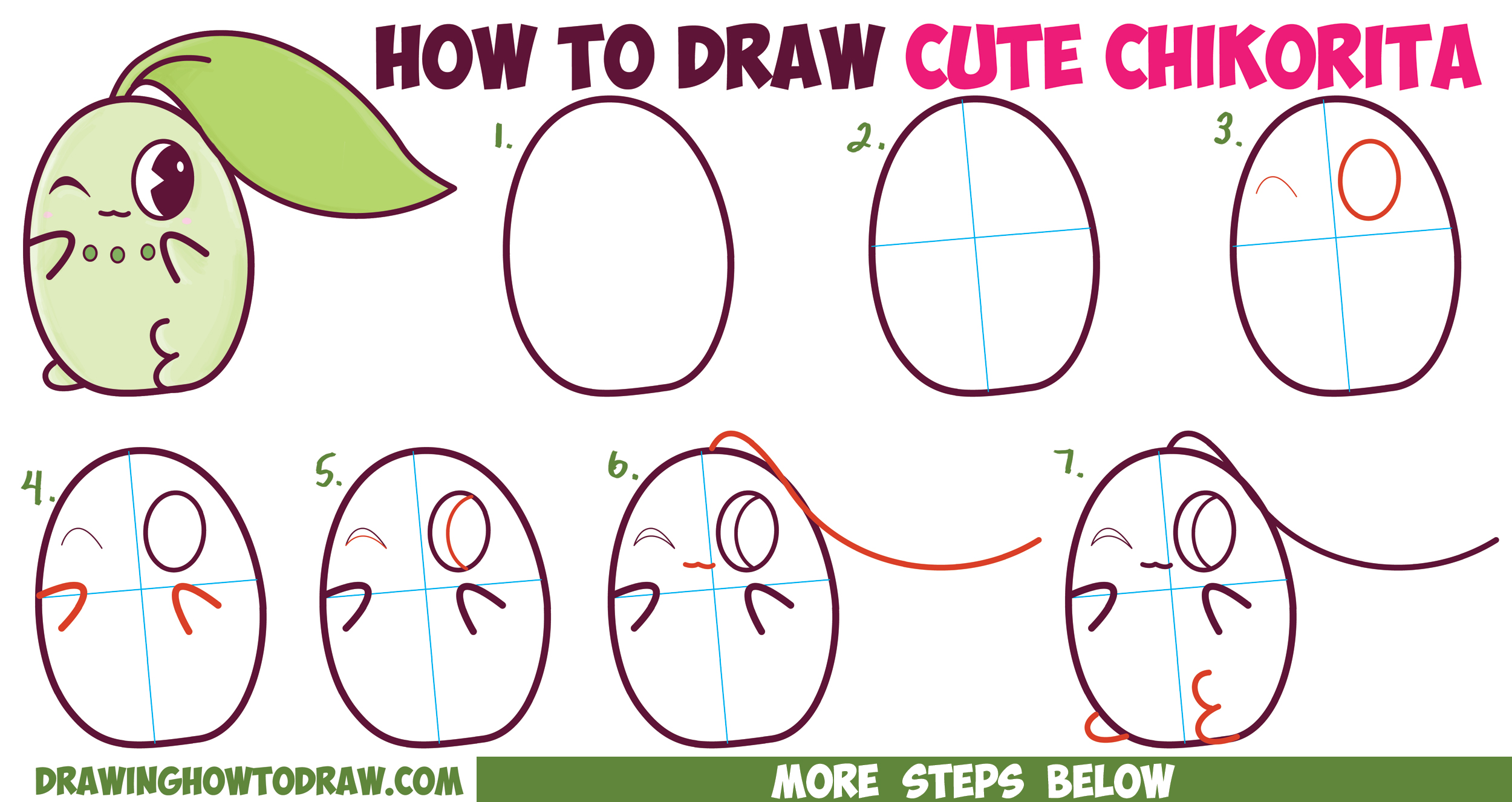 How to Draw Cute / Kawaii / Chibi Chikorita from Pokemon in Easy Step by Step Drawing Tutorial for Beginners