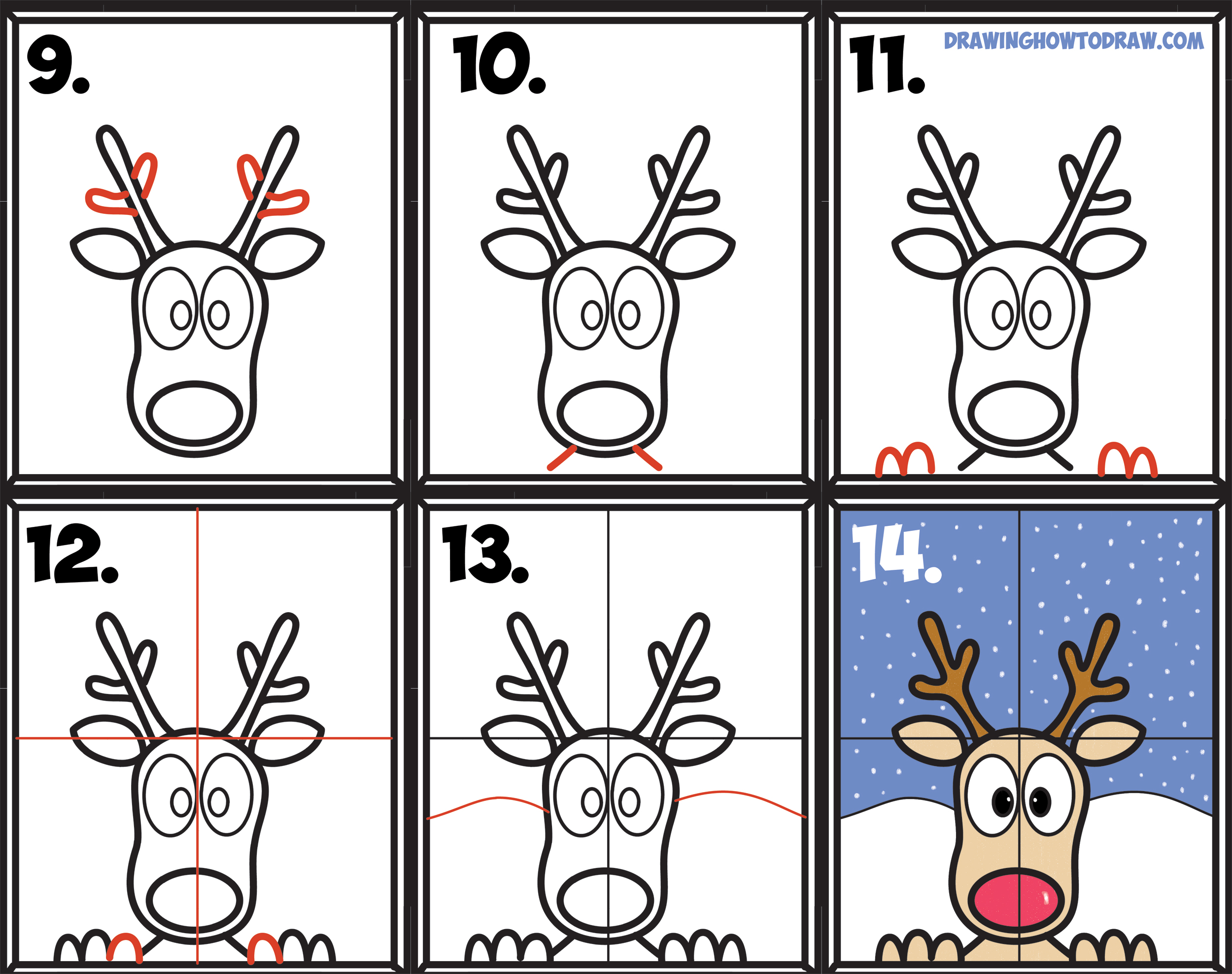 Learn How to Draw Rudolph the Red Nosed Reindeer Looking in Window Simple Steps Drawing and Art Lesson for Kids on Christmas