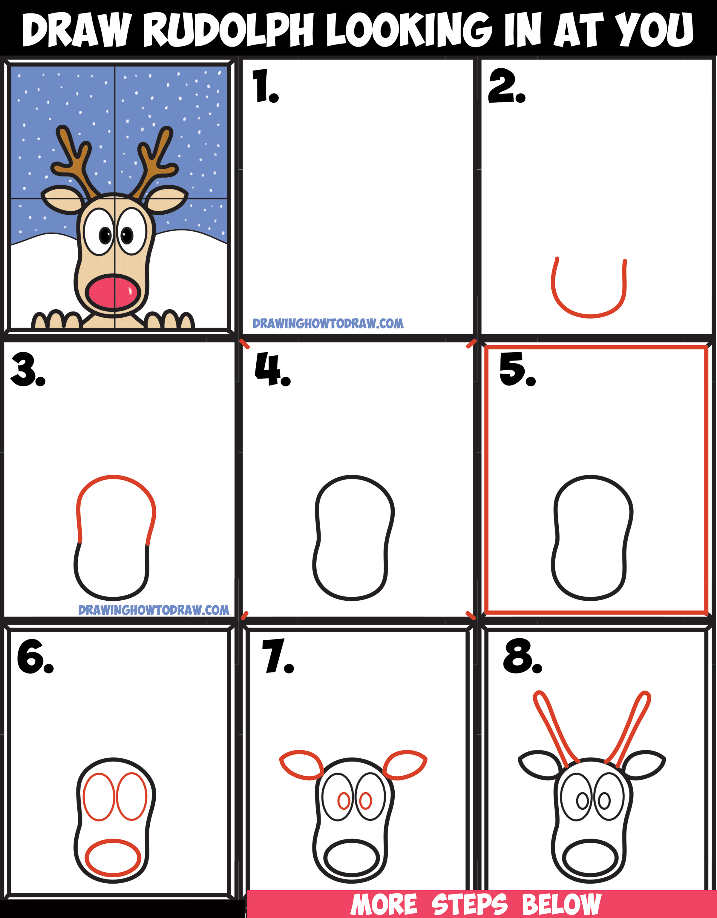 How to Draw Rudolph the Red Nosed Reindeer Looking in Window Easy Step by Step Drawing Tutorial Art Lesson for Kids on Christmas