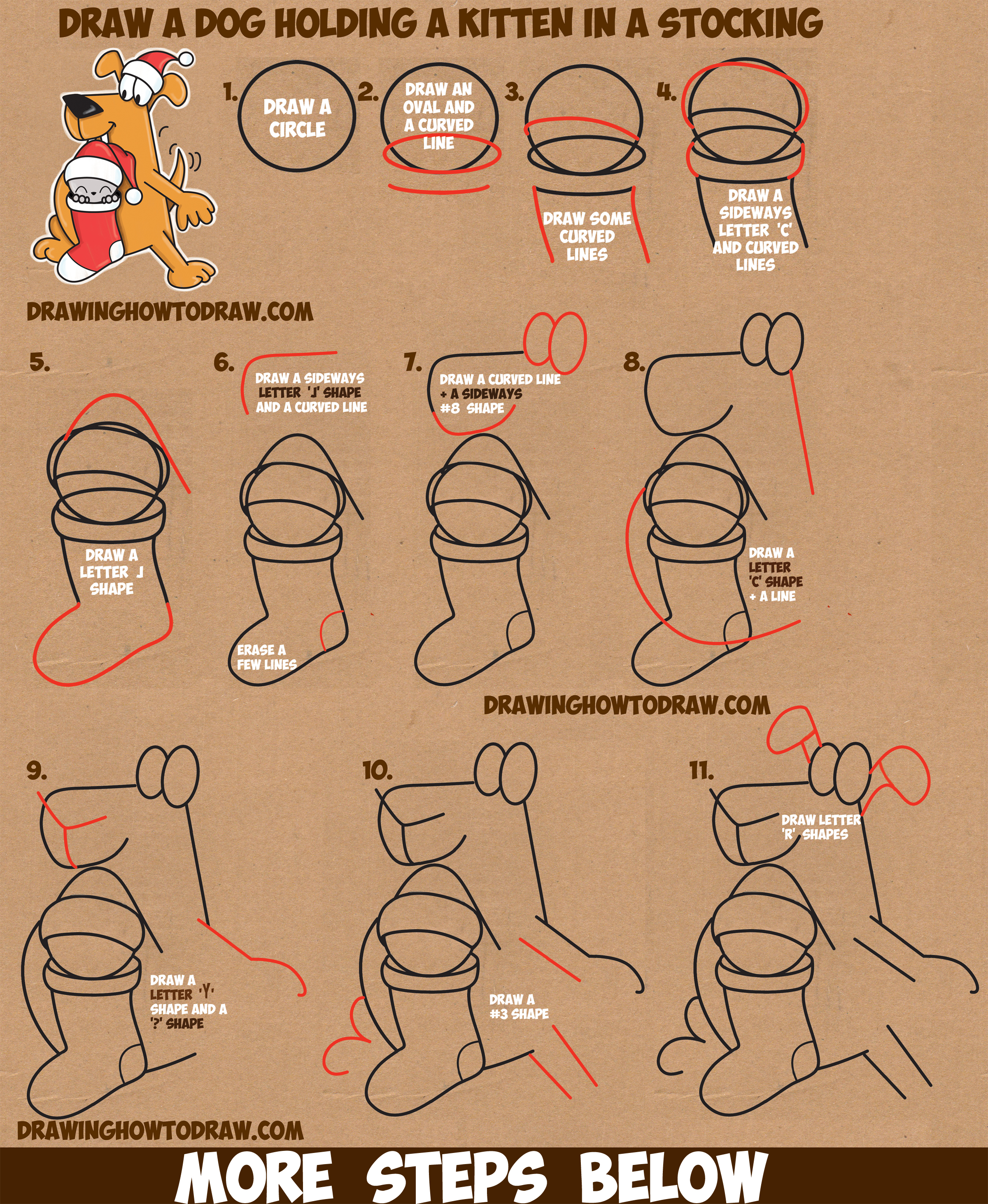 How to Draw a Cartoon Dog Holding a Cute Kawaii Kitten / Cat in a Christmas Stocking - Easy Step by Step Drawing Tutorial for Kids