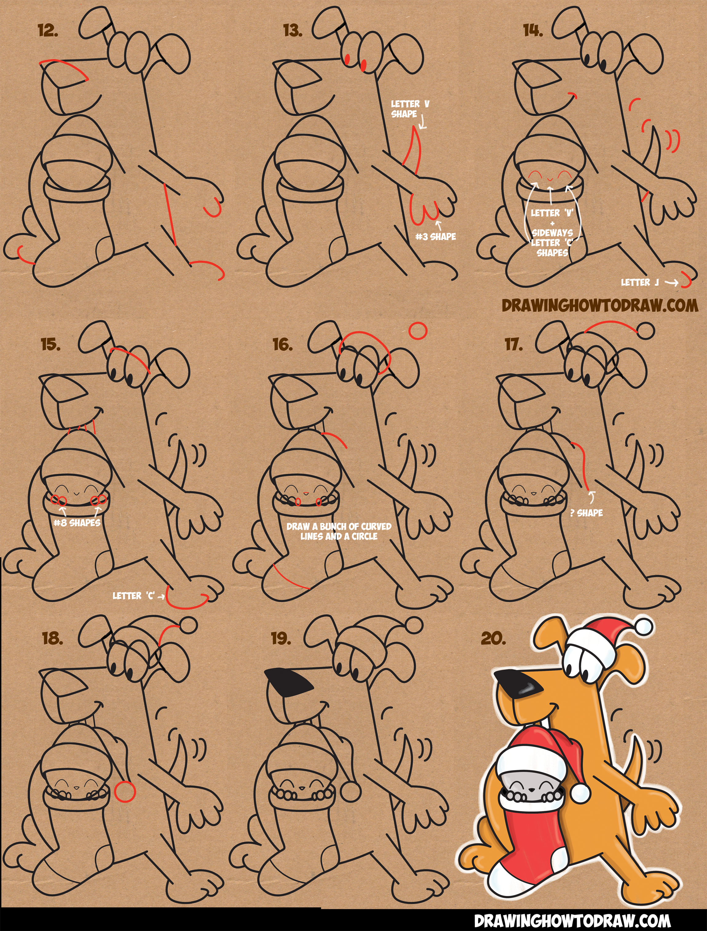 Learn How to Draw a Cartoon Dog Holding a Cute Kawaii Kitten / Cat in a Christmas Stocking - Simple Steps Drawing Lesson for Children and Beginners