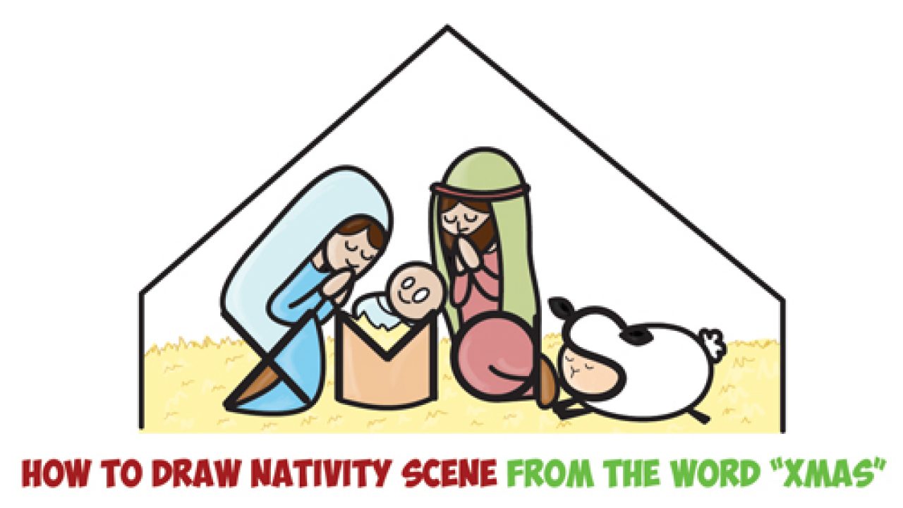 How to Draw Cartoon Nativity Scene with Mary, Jesus, and Joseph in a Manger  : Xmas Word Toon Easy Step by Step Drawing Tutorial for Kids - How to Draw  Step by