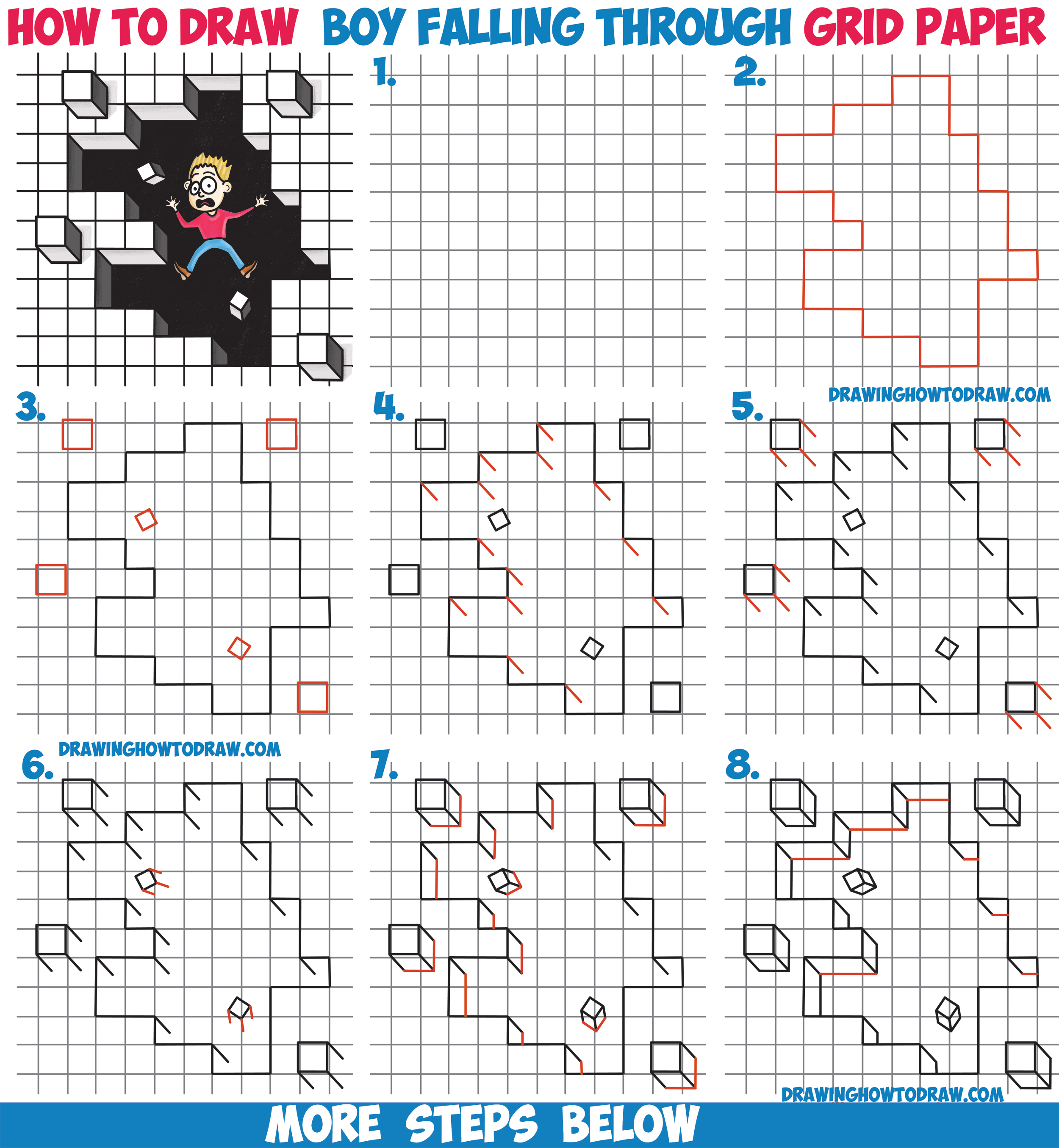 How to Draw Cool Stuff : Draw a Hole in Grid Paper with Cubes Floating Off  and Cartoon Boy Falling Through Easy Step by Step Drawing Tutorial for Kids  - How to