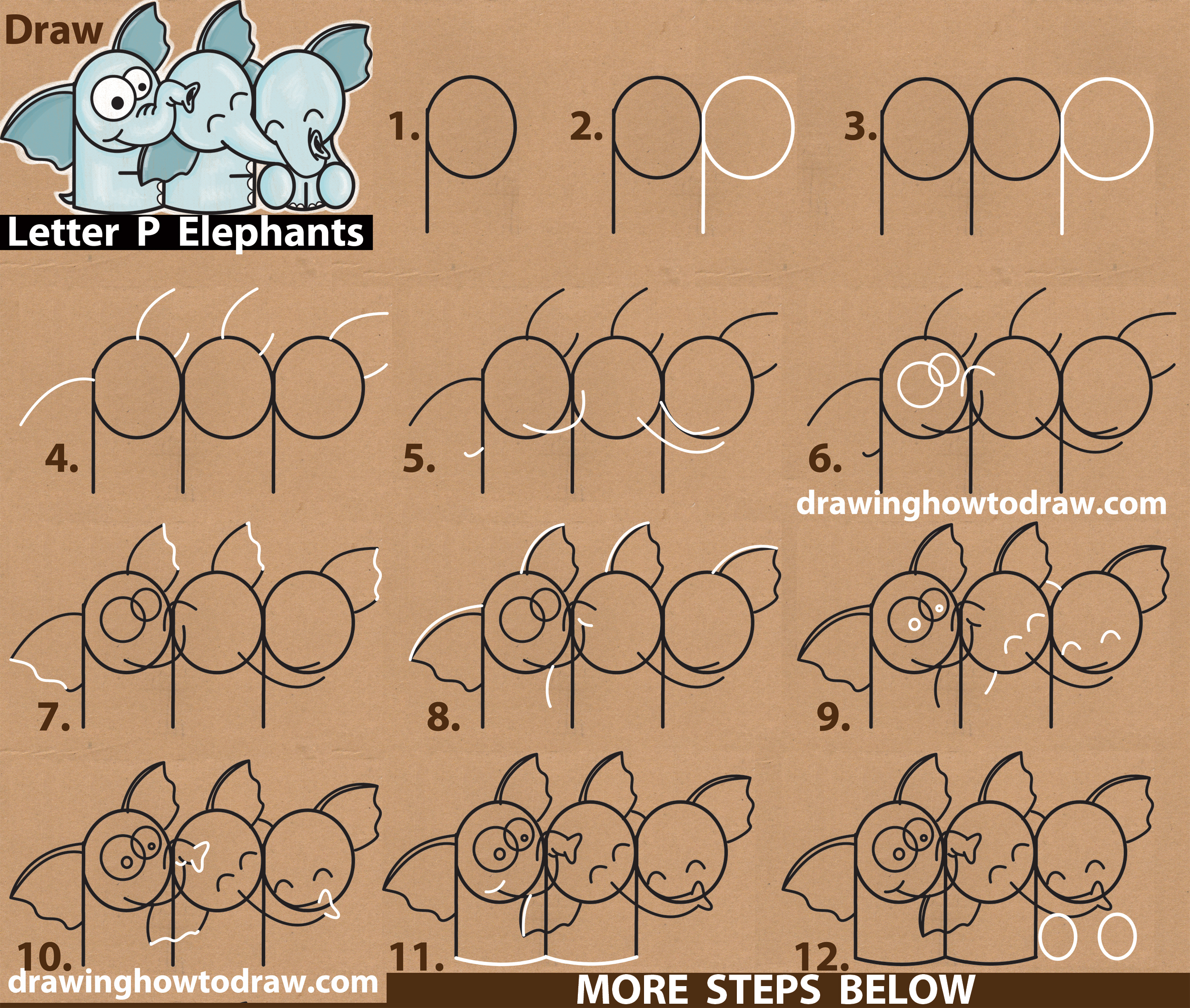 How to Draw Cute Cartoon Elephants Hugging from Letter 'P' Shapes - Easy Step by Step Drawing Tutorial for Kids