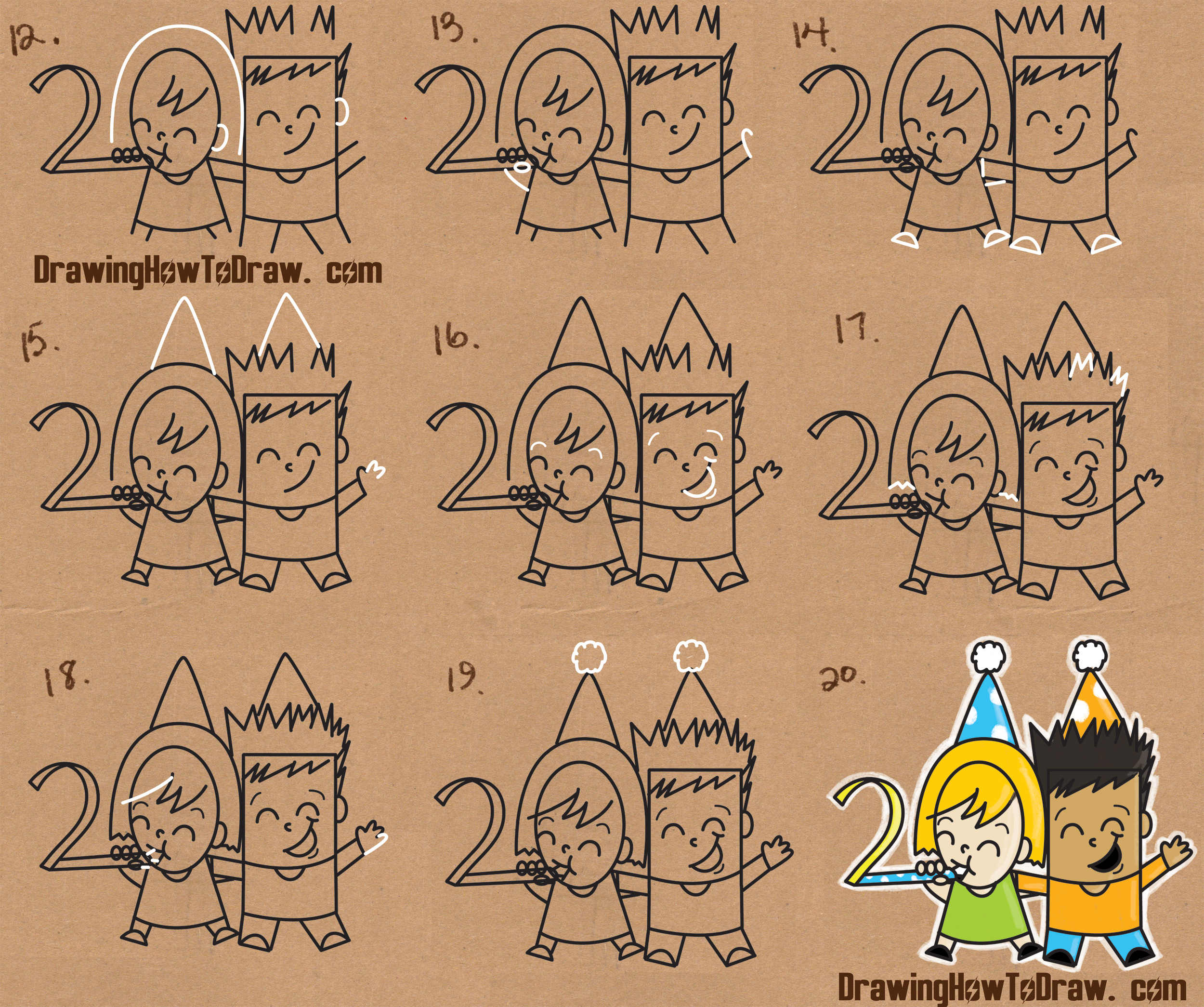How to Draw New Years Eve / New Year Word Cartoon Art of Kids Celebrating  from the Year 