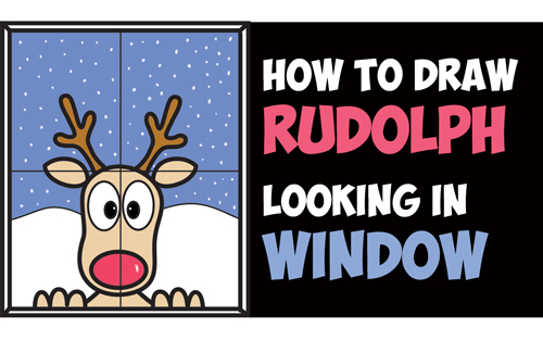 How to Draw Rudolph the Red Nosed Reindeer Looking in Window Easy Step by Step Drawing Tutorial Art Lesson for Kids on Christmas