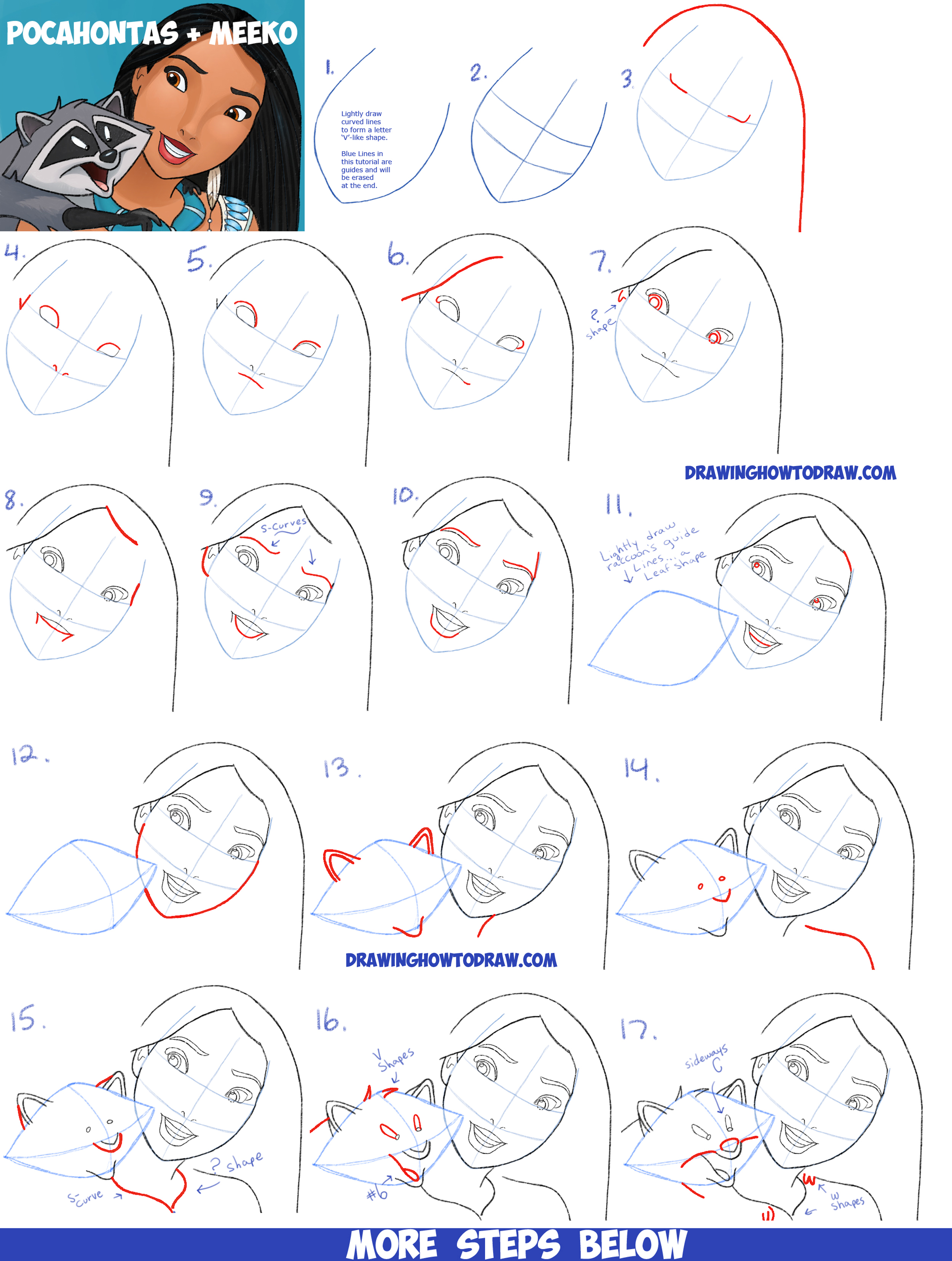 How to Draw Pocahontas and Meeko Raccoon Easy Step by Step Drawing Tutorial for Kids and Beginners
