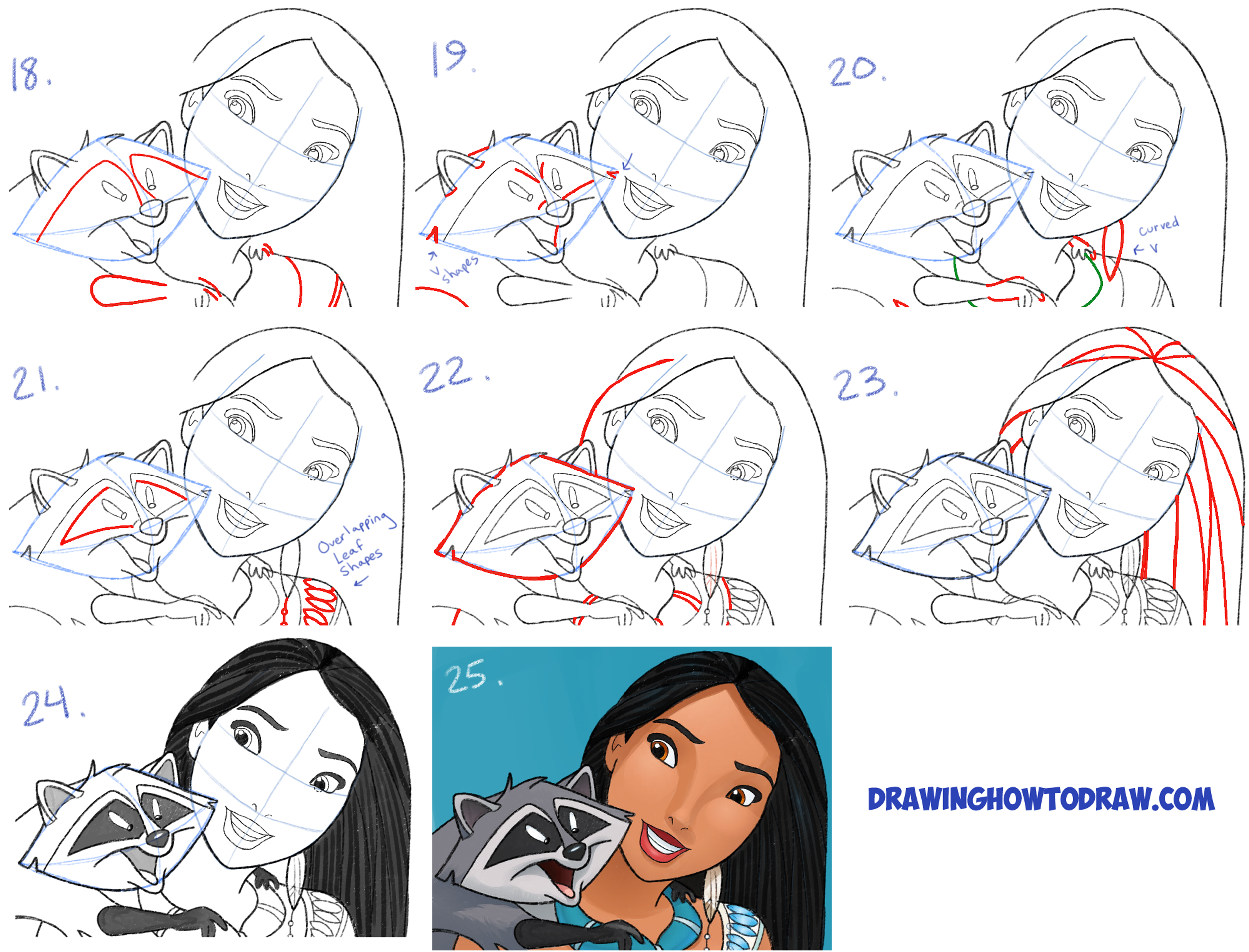Learn How to Draw Princess Pocahontas's Face and Meeko the Raccoon Simple Steps Drawing Lesson for Kids and Beginners