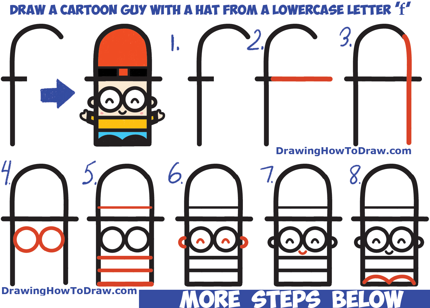 How to Draw Cartoon Guy with Hat from Lowercase Letter 'f' Easy Step by Step Drawing Tutorial for Kids