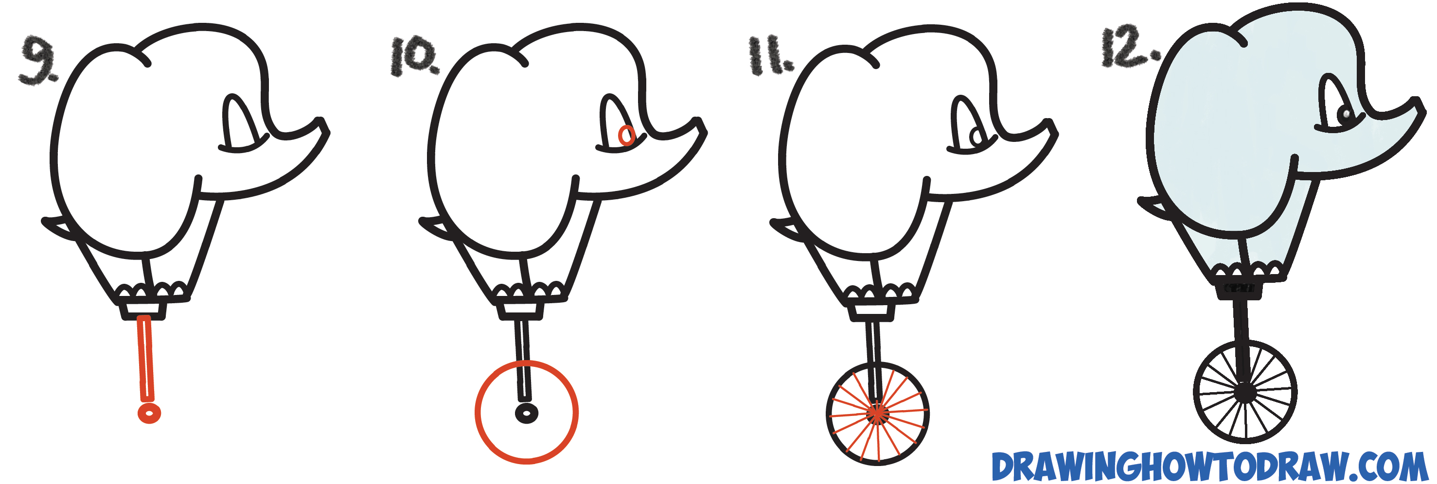 How To Draw A Cute Cartoon Baby Elephant Riding A Unicycle From