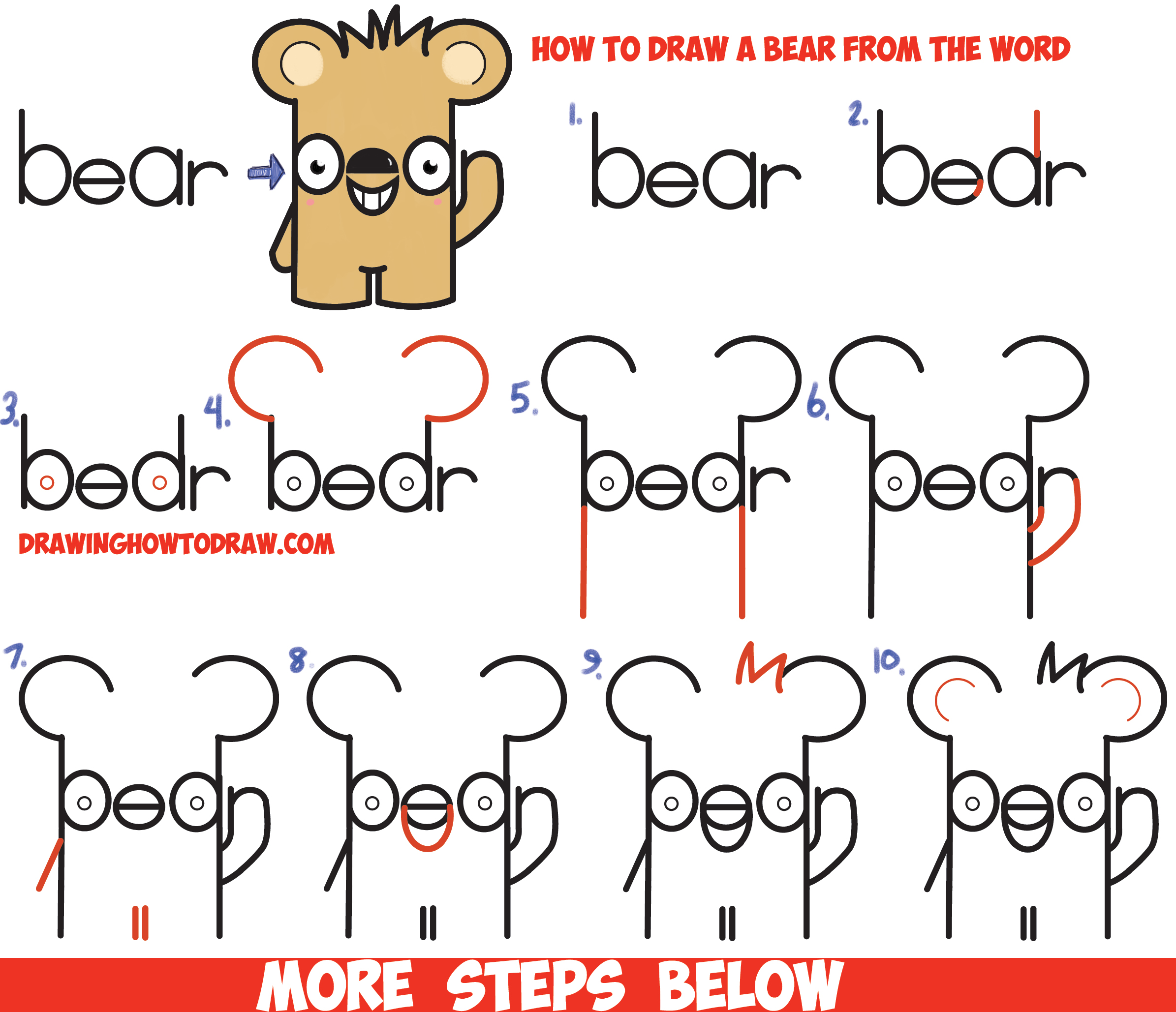 How to Draw Cute Cartoon Kawaii Bear from the Word "bear" Easy Step by Step Drawing Tutorial for ...