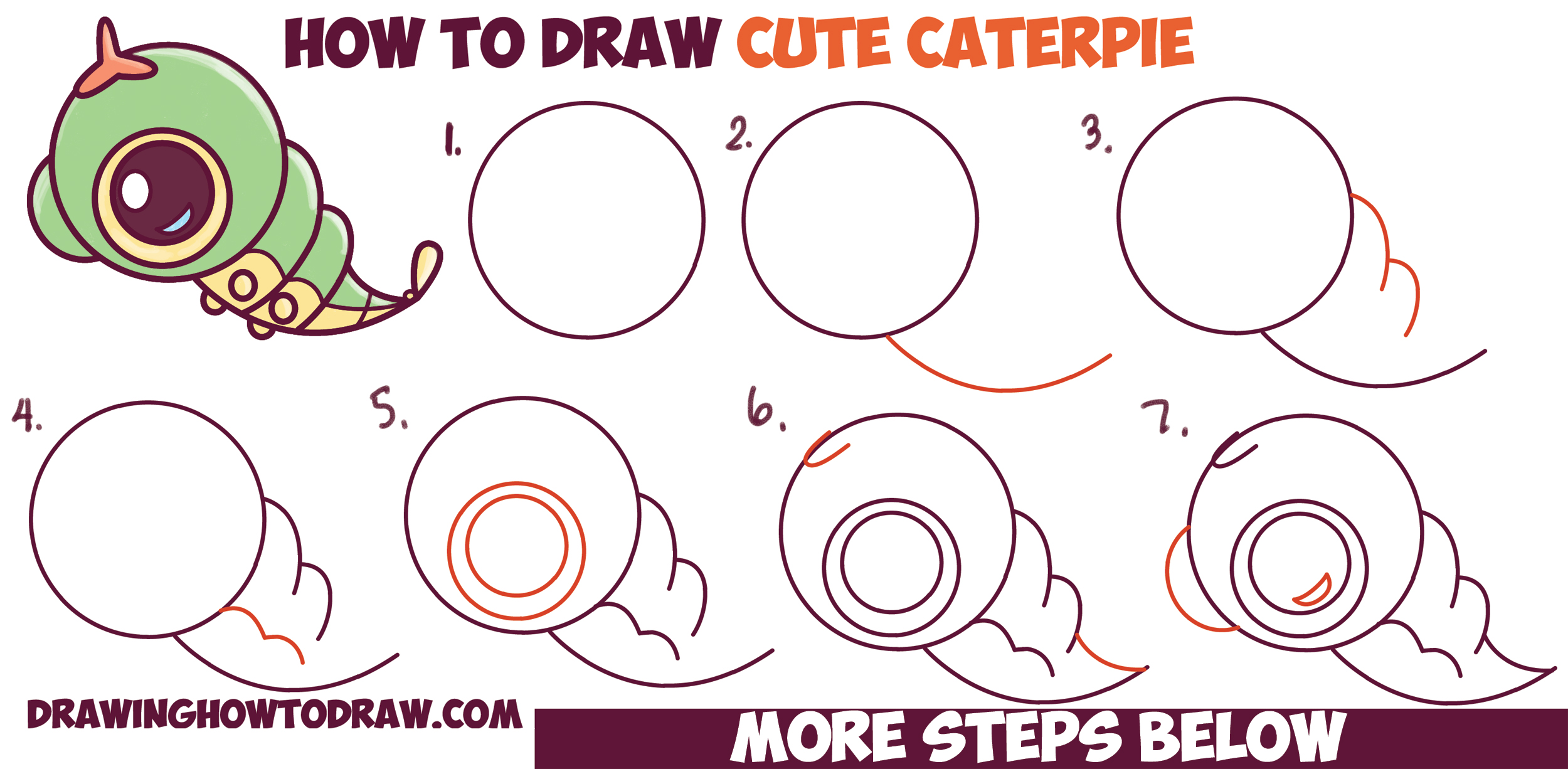 How to Draw Cute / Chibi / Kawaii Caterpie from Pokemon Easy Step by Step Drawing Tutorial for Kids