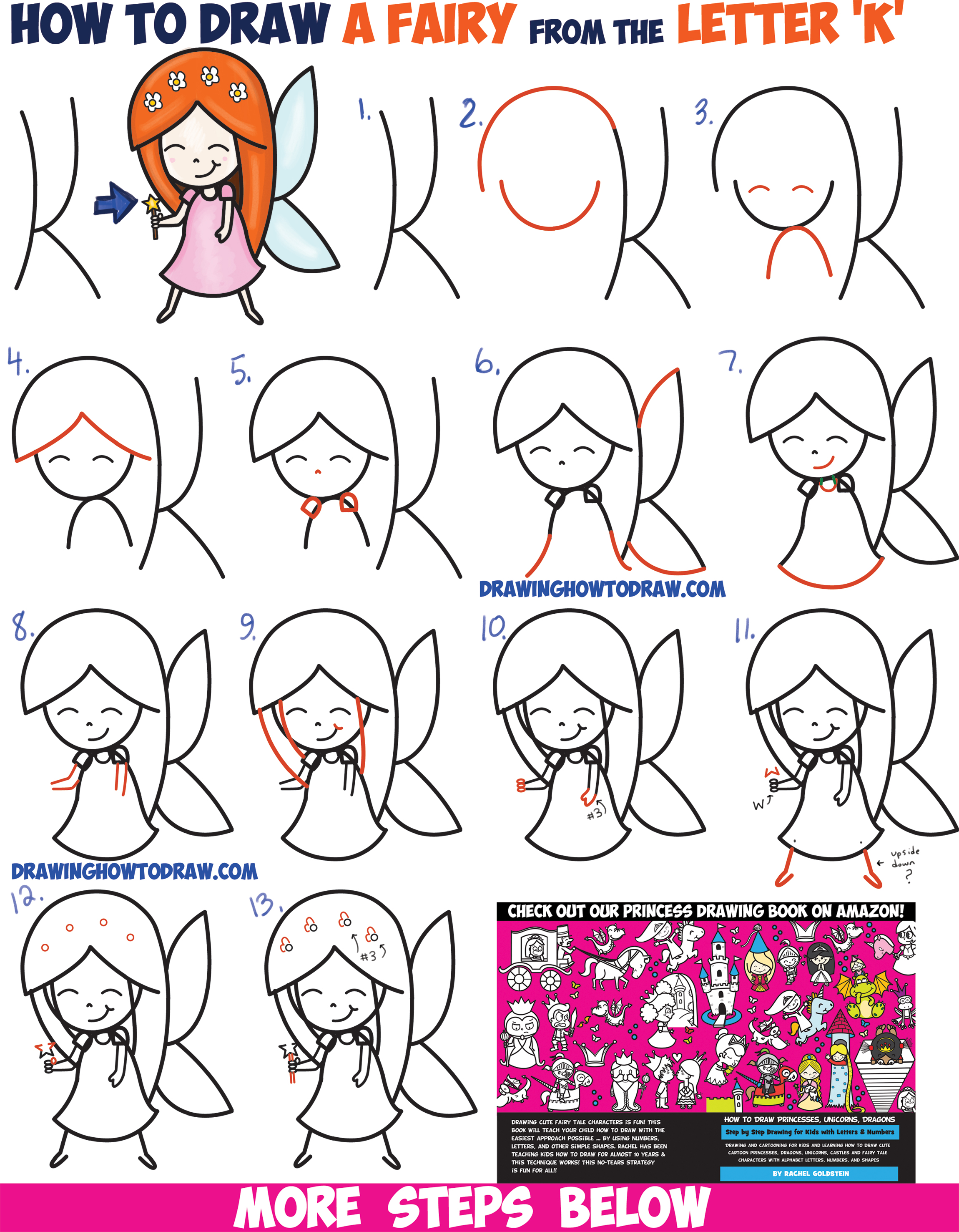 Como Desenhar um Bonito dos desenhos animados de Fadas (Kawaii Chibi) da Letra 'K' Fácil passo a Passo Tutorial de Desenho para Crianças