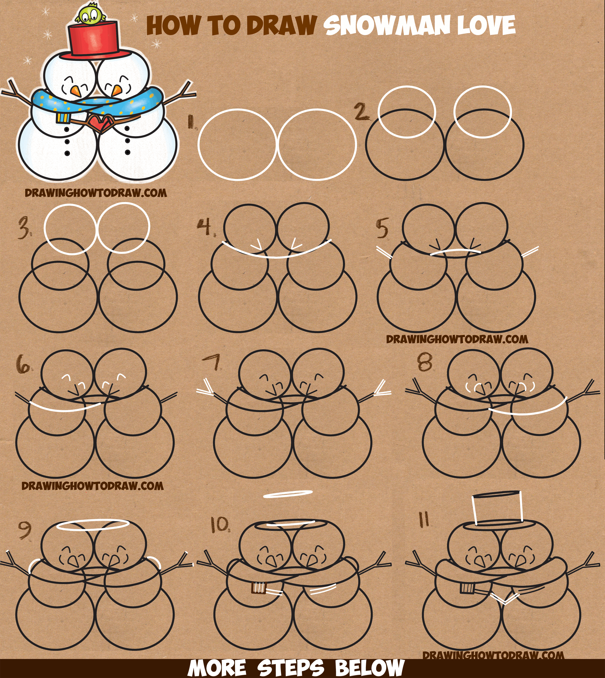 How to Draw 2 Snowmen Hugging (Snowmen Couple in Love) Easy Step by Step Drawing Tutorial for Kids