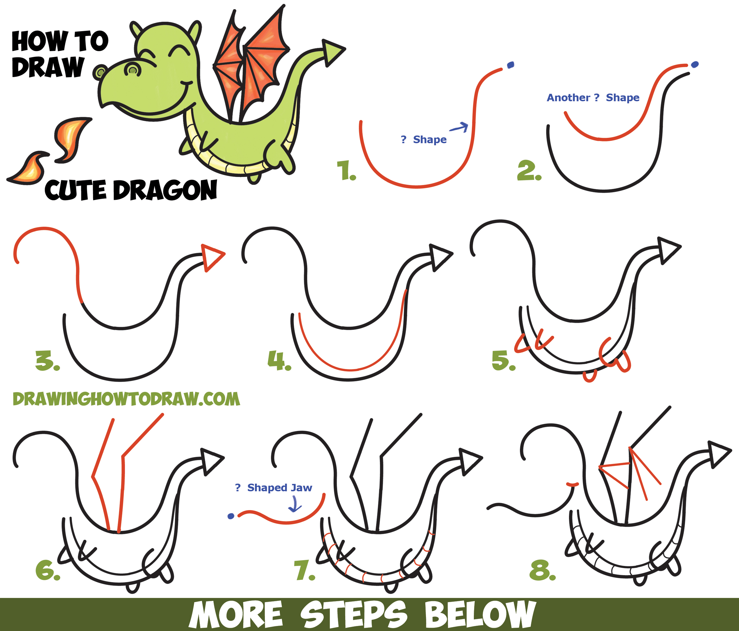 How to Draw a Cute Kawaii / Chibi Dragon Shooting Fire with Easy Step by Step Drawing Tutorial for Kids and Beginners