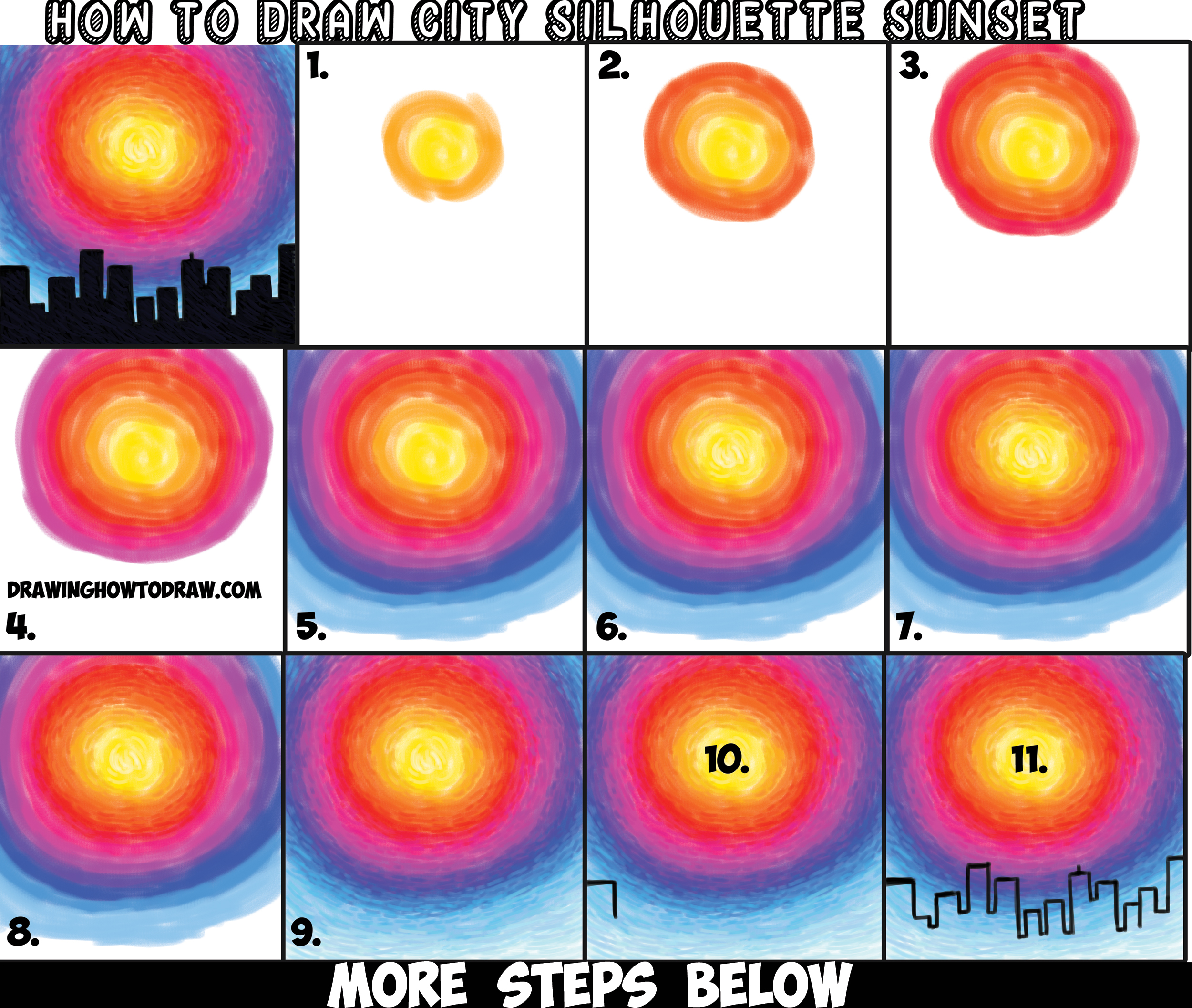 How to Draw or Paint Sunset with Black City Silhouette Cityscape Easy Step by Step with Colored ...