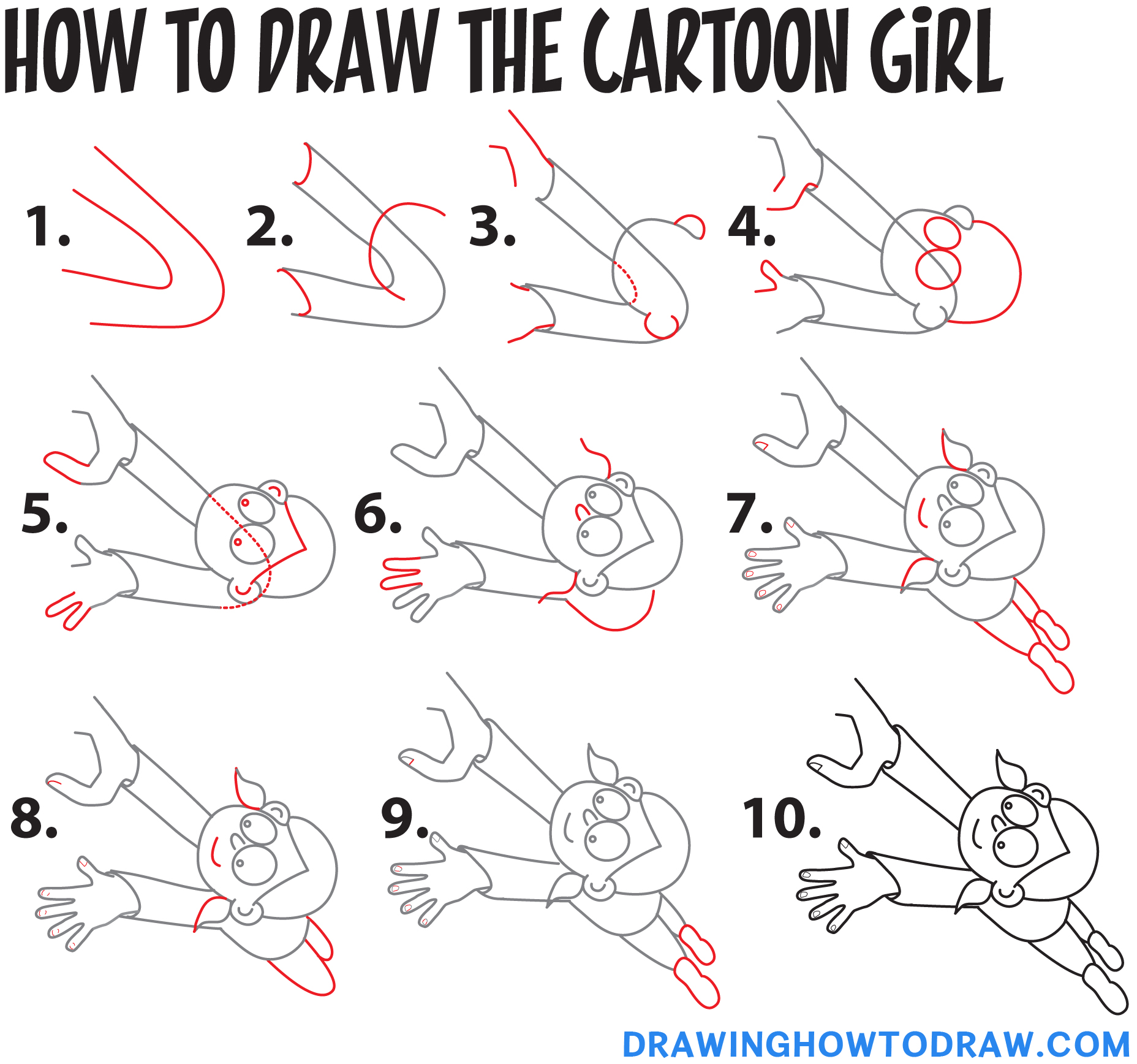 Step 1 B: How to Draw the Cartoon Girl Step by Step