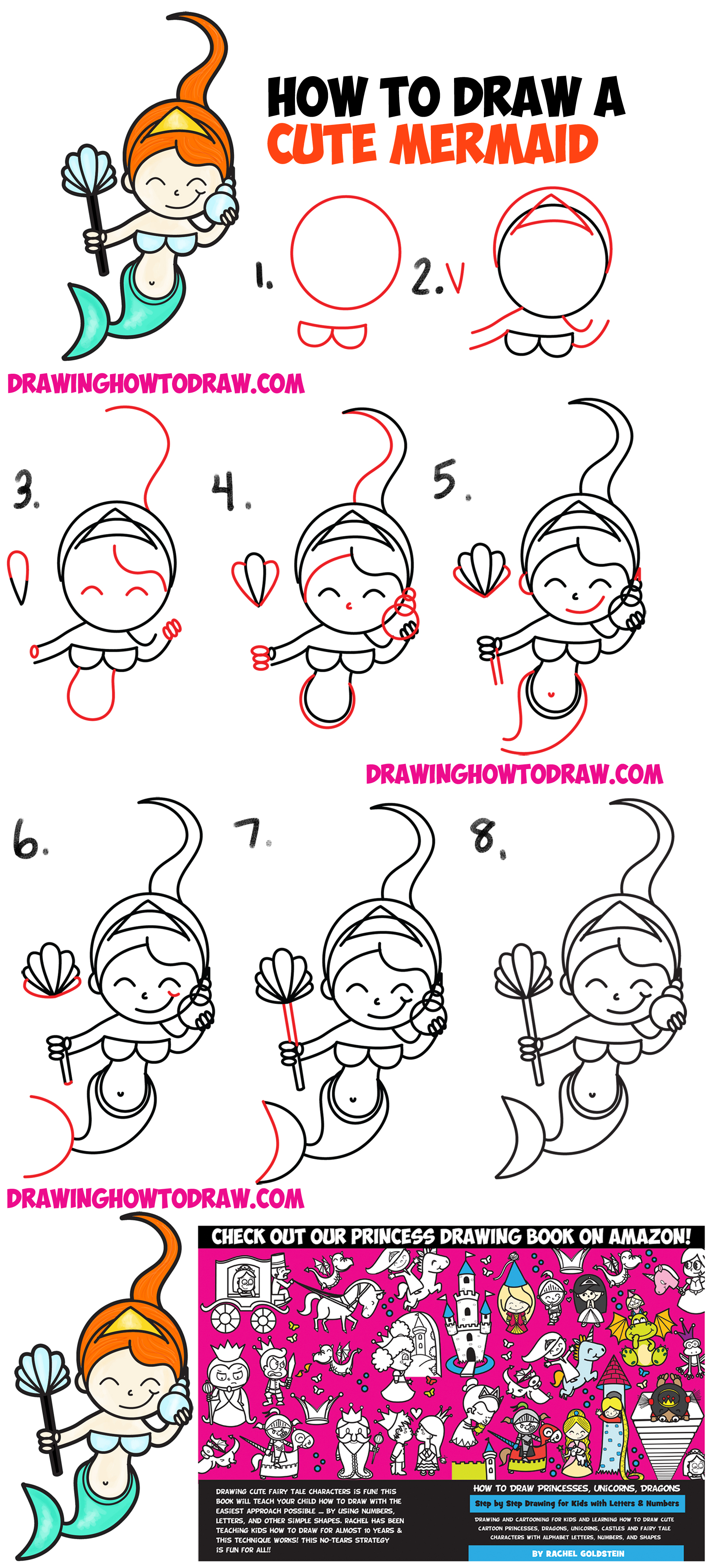 How to Draw a Cute Cartoon Mermaid (Kawaii) with Easy Step by Step Drawing Tutorial for Kids