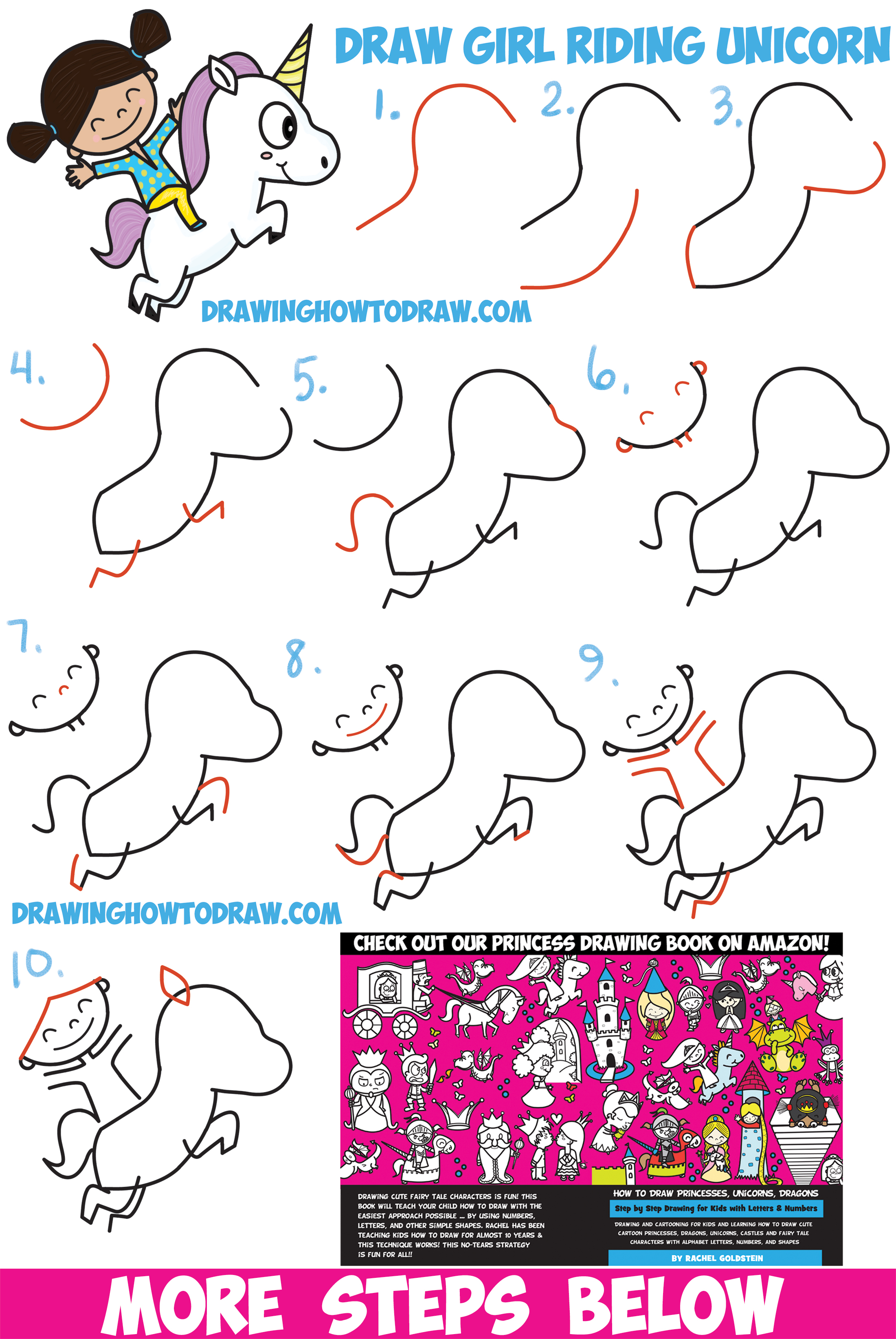 How to Draw a Cute Kawaii / Chibi Girl Riding a Unicorn in Easy Step by Step Drawing Tutorial for Kids and Beginners