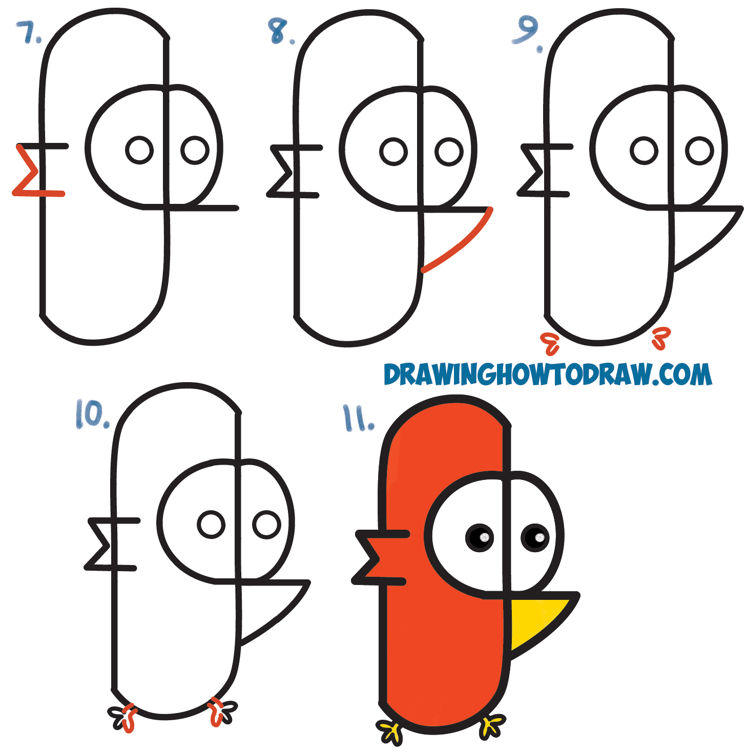 Learn How to Draw Cute Cartoon Bird from Lowercase Letter 'f' Shapes Simple Shapes Drawing Lesson for Beginners and Children